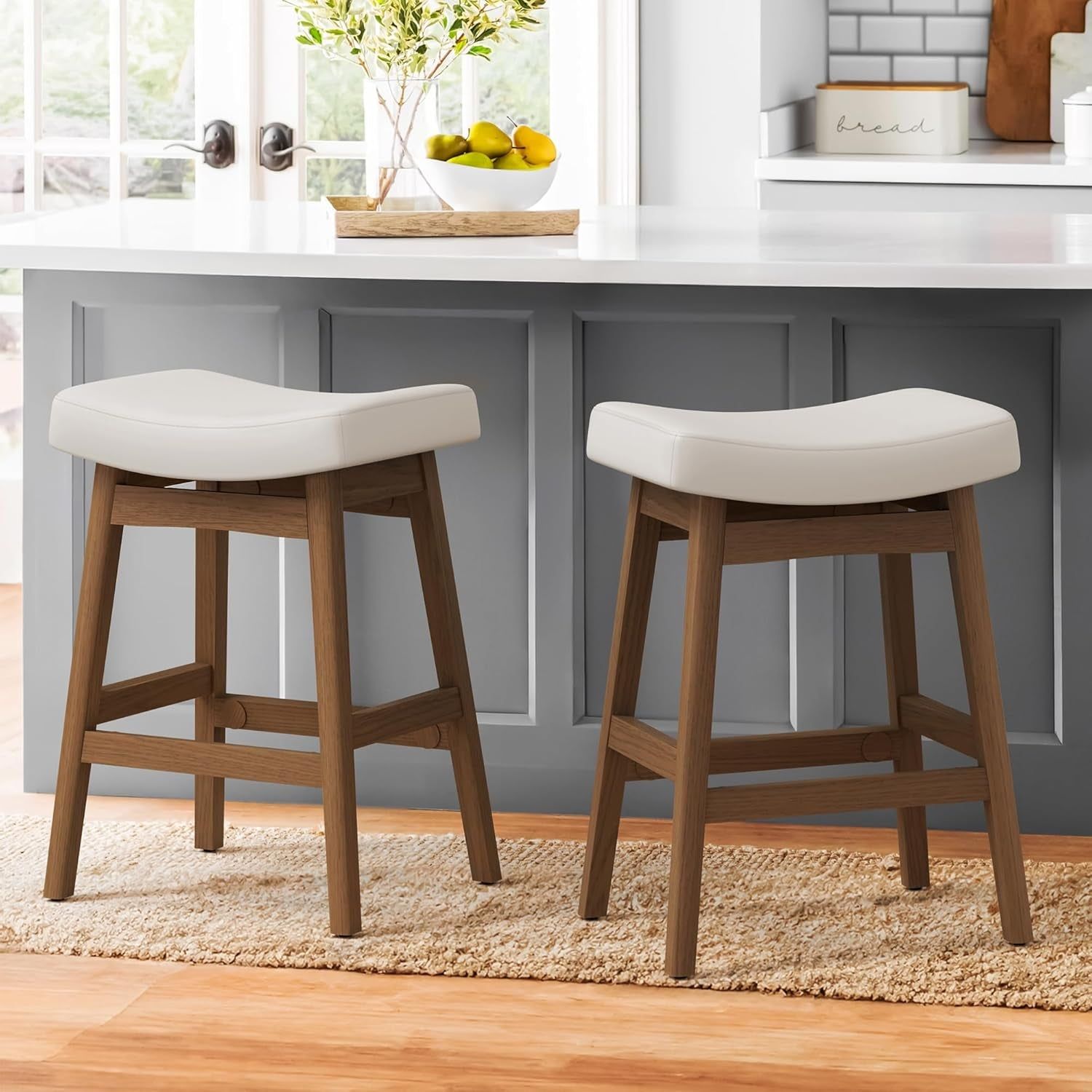 Bar Stools Set of 2, Barstools with Sturdy Wood Legs, Saddle Seat Counter Height Bar Stools for Kitchen Counter, Bar, Dining, 24 Inch Farmhouse Counter Stools, Antique White Leather
