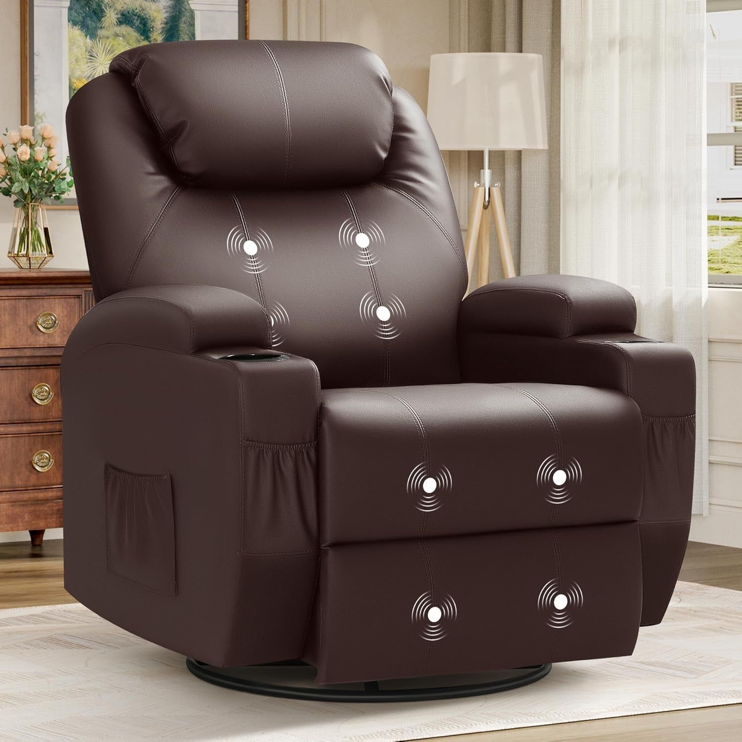 Recliner Chair, Rocking Massage Chairs, Home Reclining Sofa Chair, PU Leather, Ergonomic Living Room Chair with Cup Holders, Remote Control (Brown)
