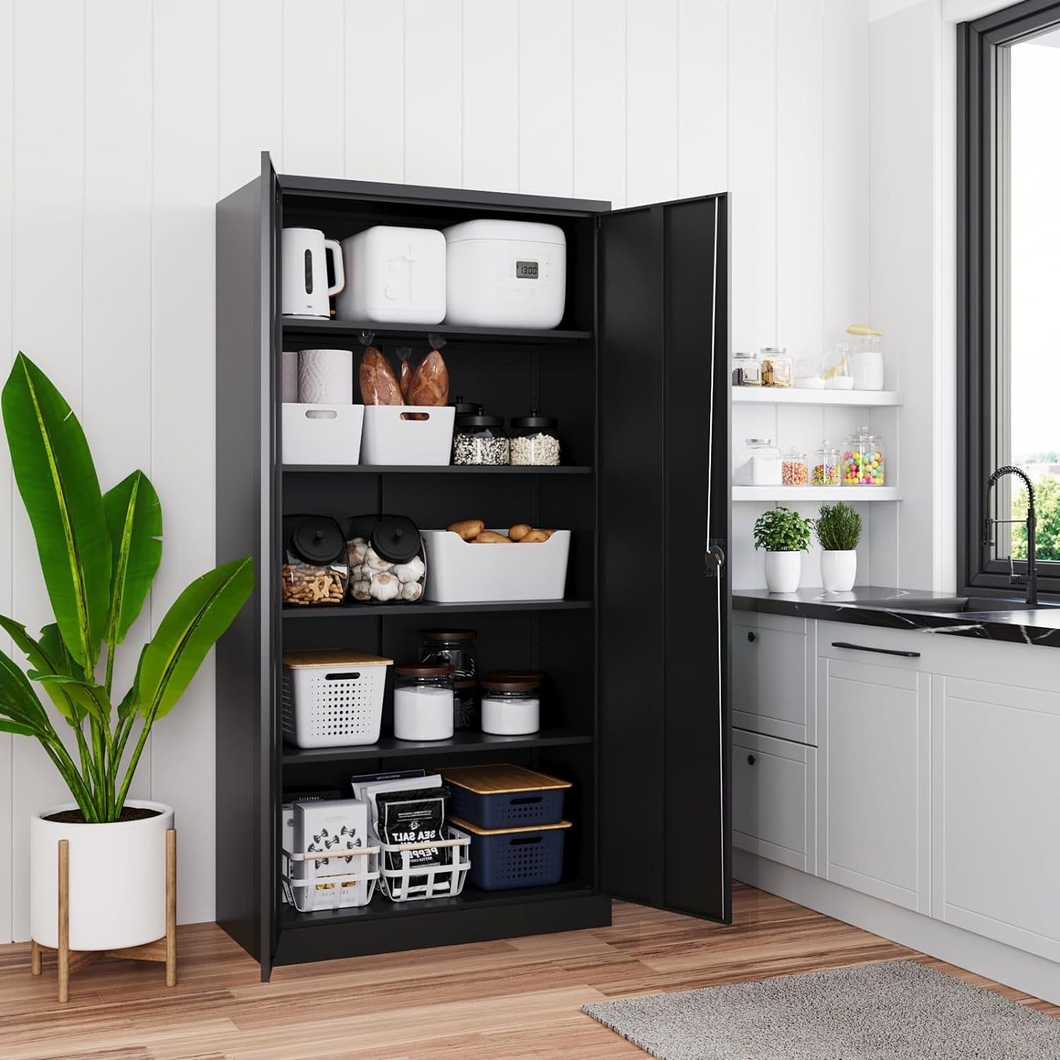 Black Metal Storage Cabinet with Lock &amp; Shelves
