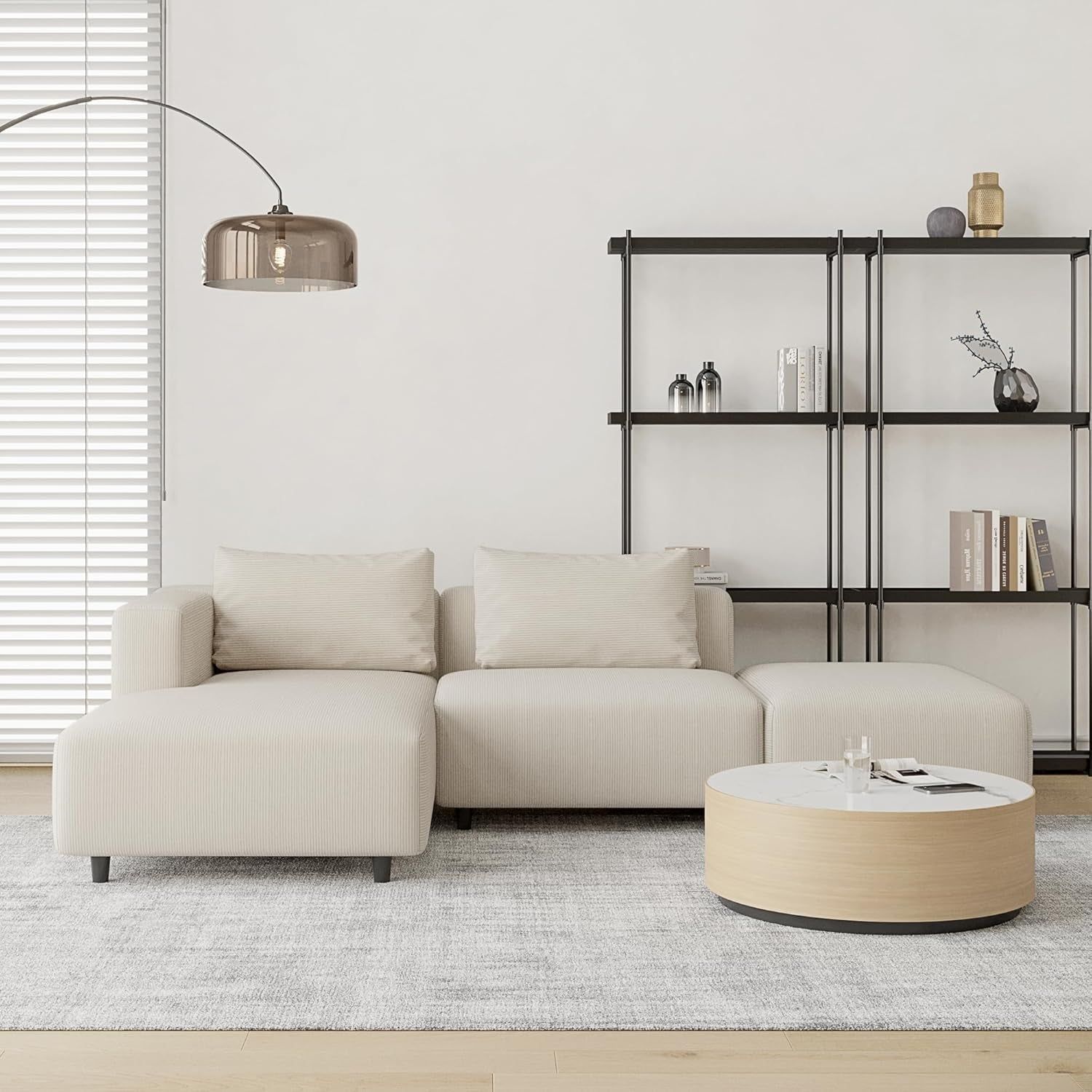 Soft Corduroy Sectional Modular Sofa Set, Modern L-Shaped Chaise Couch for Living Room, Apartment, Office, Small Spaces, Cream