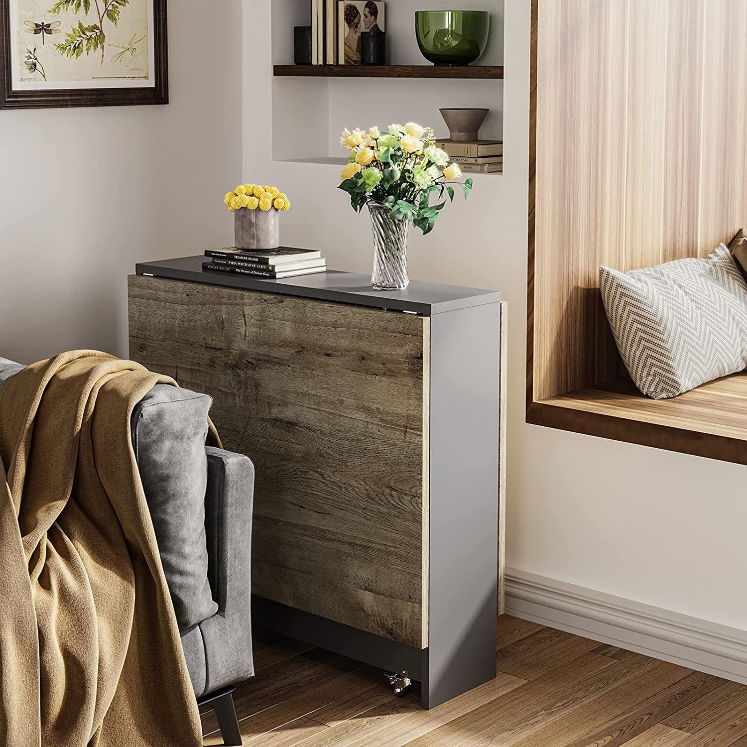 Folding Drop Leaf Dining Table with Wheels/Shelf