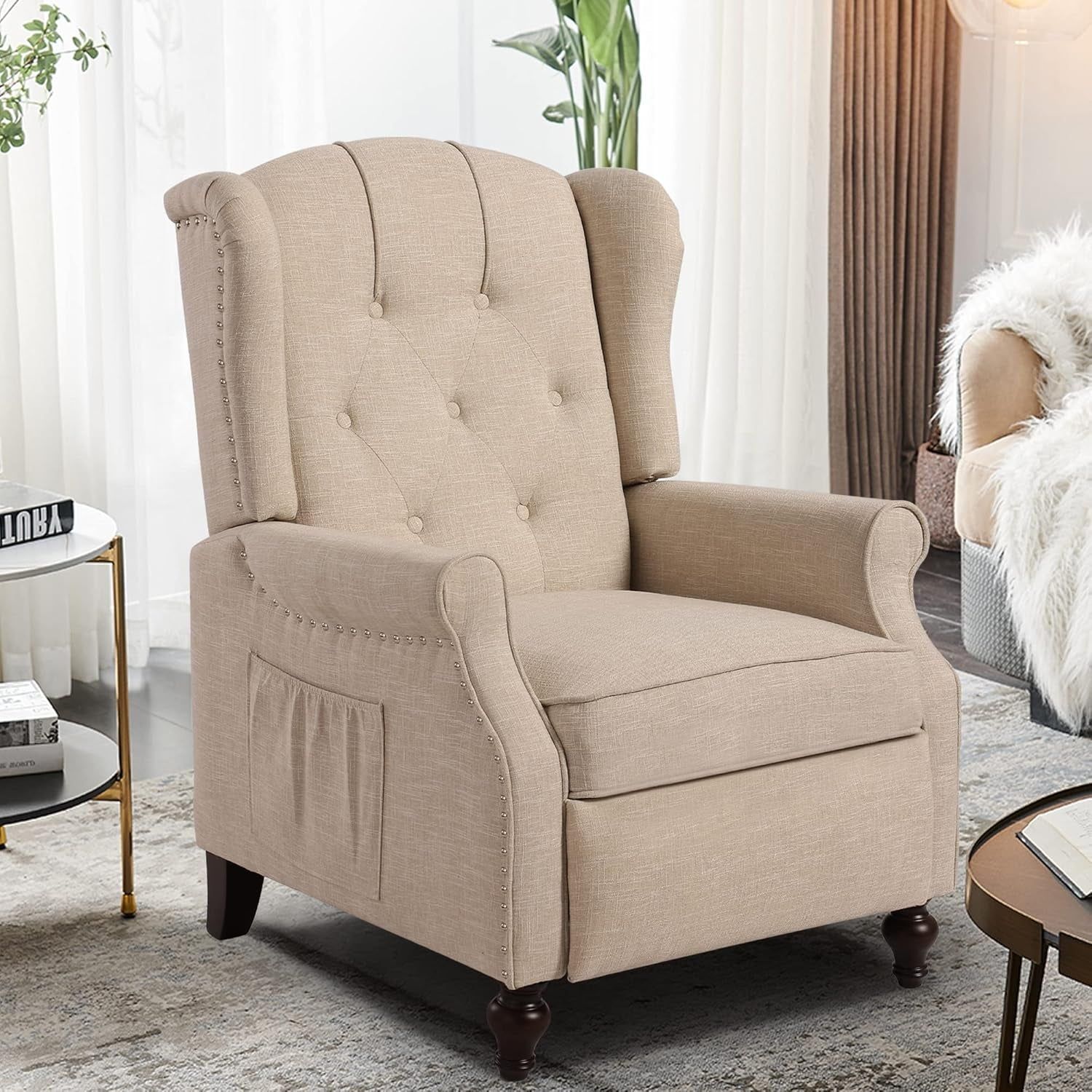 Wingback Recliner Chair with Massage and Heat, Tufted Fabric Push Back Recliner Chair for Living Room, Vintage Recliner Chair with Remote Control, Padded Cushion, Backrest, Wooden Legs