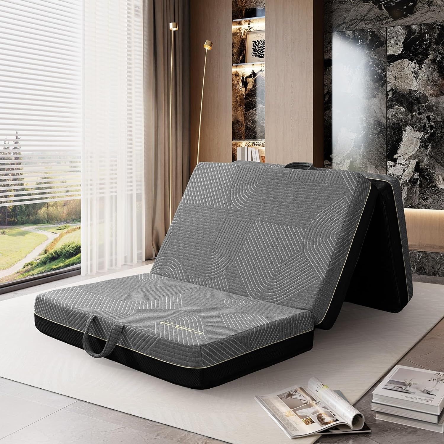 Tri Folding Mattress Twin Size - Memory Foam Tri-Fold Mattress, Handle &amp; Non-Slip Bottom, Portable Foldable Sofa Bed Floor Mattress Chair for Travel RV Camping Guest Yoga - 6 Inch, 75&quot;X38&quot;X6&quot;
