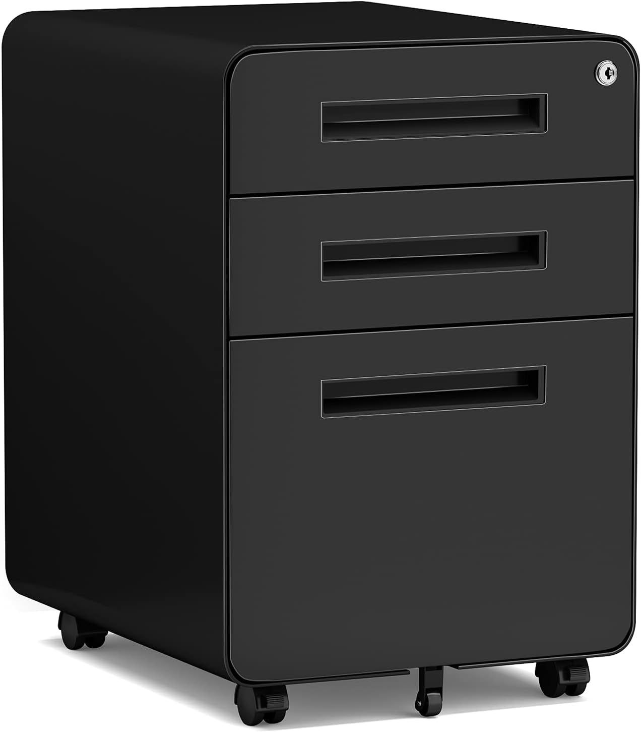 Mobile Filing Cabinet 3 Drawer, Rolling Small File Cabinet with Keys under Desk, Modern Black Filing Cabinet for Home Office with Anti-Tilt Wheels, A4/Letter/Legal Hanging File Drawers