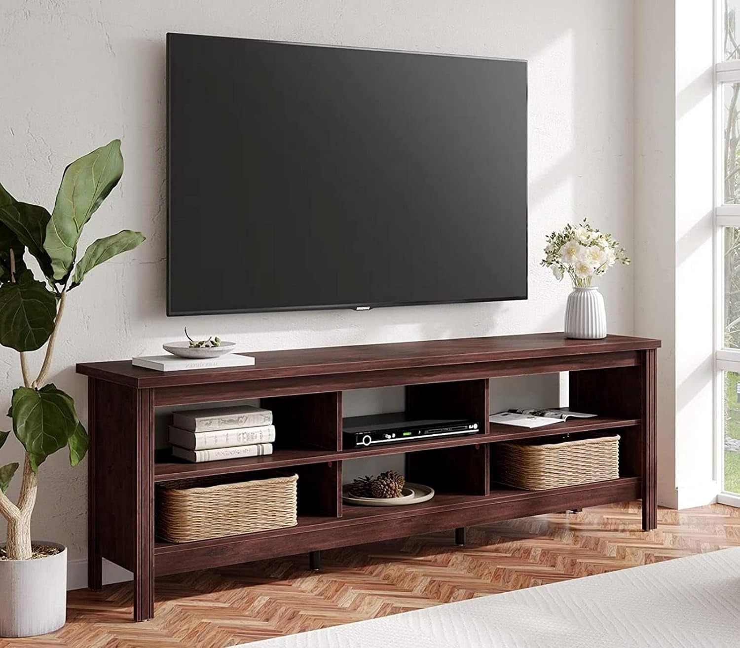 70 Inch TV Stand for 75+ Inch TV, Wood Entertainment Center with 6 Storage Shelf, Classic TV Console Table Media Table for Living Room &amp; Bedroom, Brown