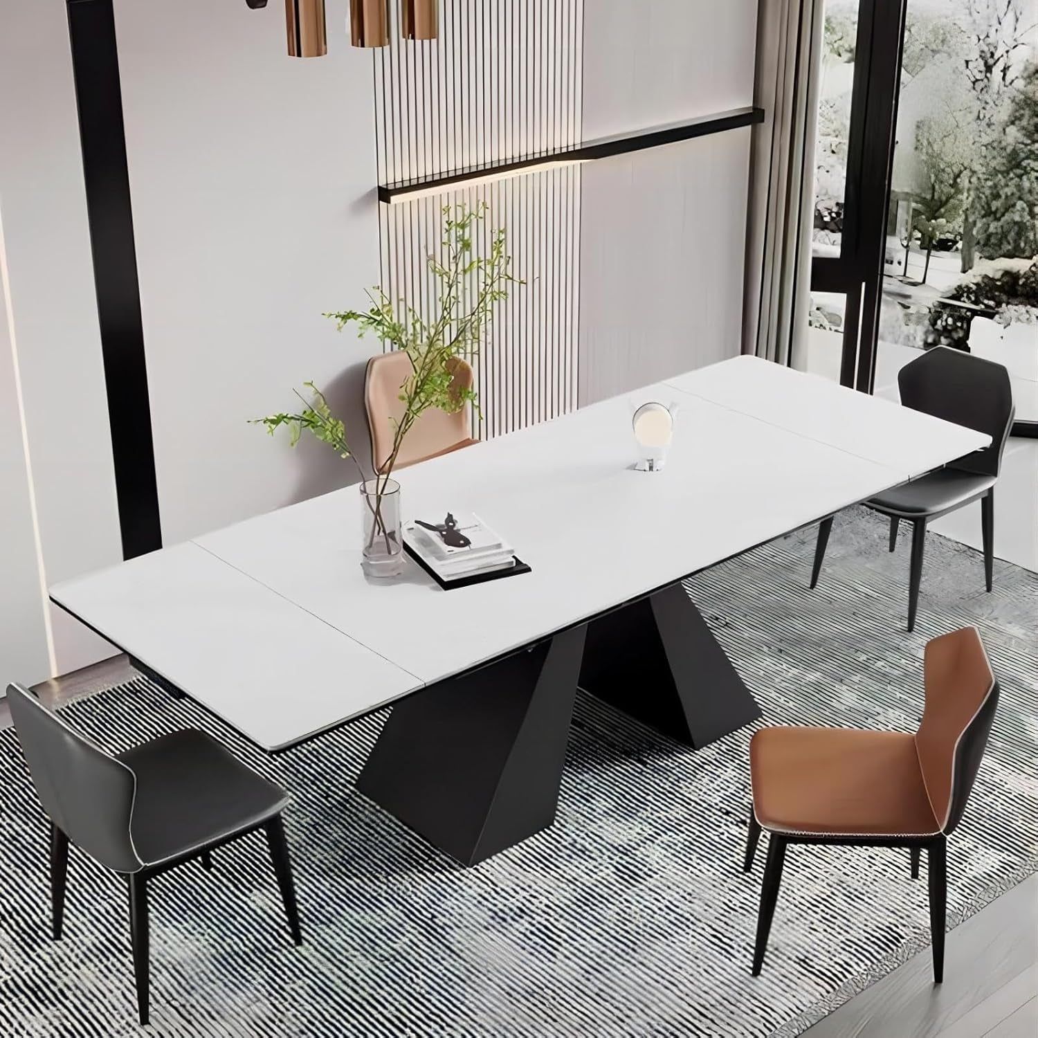 Extendable Dining Table for 8-12 Seat, Flexible Stretch, Tabletop Made from Rock Plate and Tempered Glass, Solid Carbon Steel Base, 35.4&quot; D X 94.5&quot; W X 30&quot; H, White Top