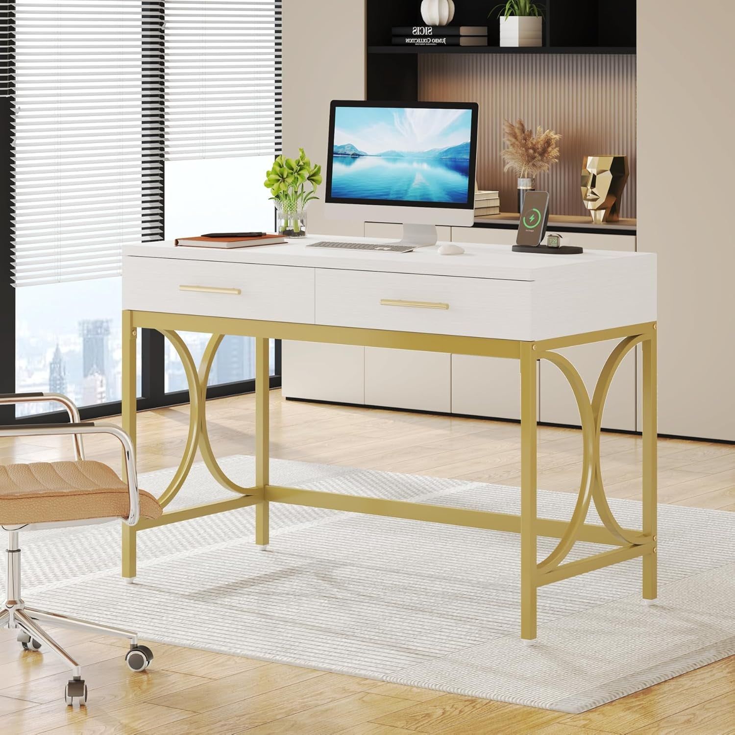 Modern Computer Desk with 2 Drawers, 41 Inches Study Writing Office Desk for Home Office, Bedroom, Makeup Vanity Table Desk with Gold Metal Frame, White &amp; Gold