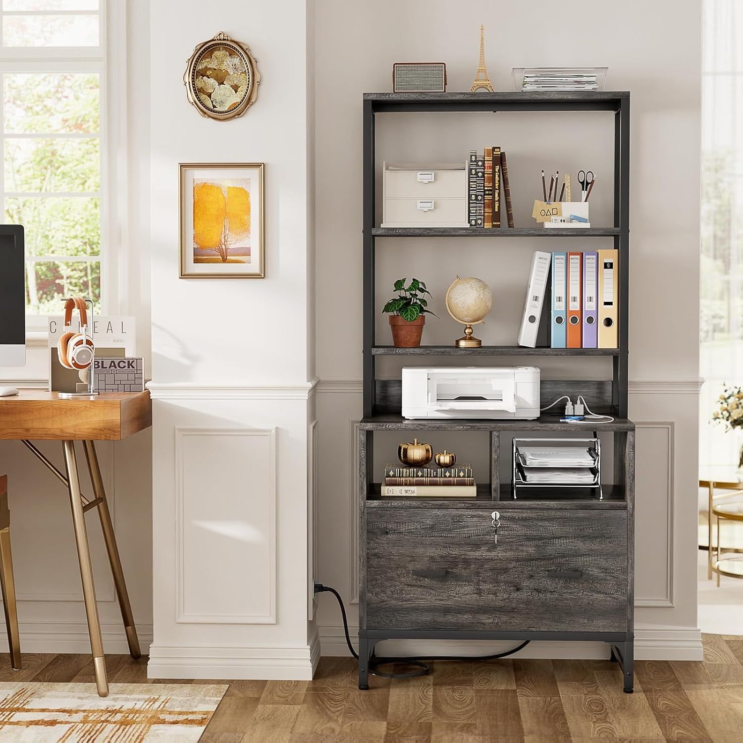 Grey File Cabinet Charging Station Locking Drawer