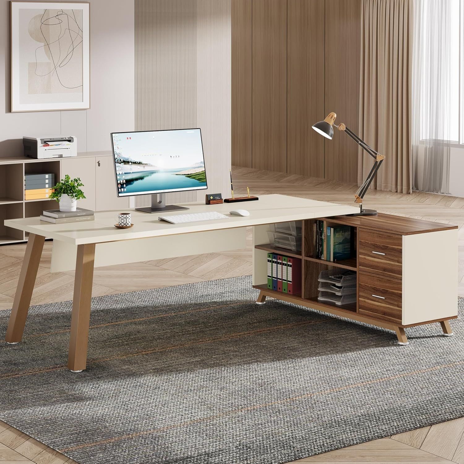 71&quot; Walnut White L Desk with 55&quot; Cabinet