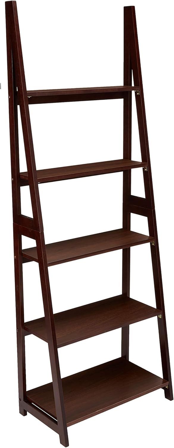 Ladder Bookshelf Organizer, Solid Rubberwood Frame, Espresso Finish, 14&quot; D X 24.8&quot; W X 70.1&quot; H