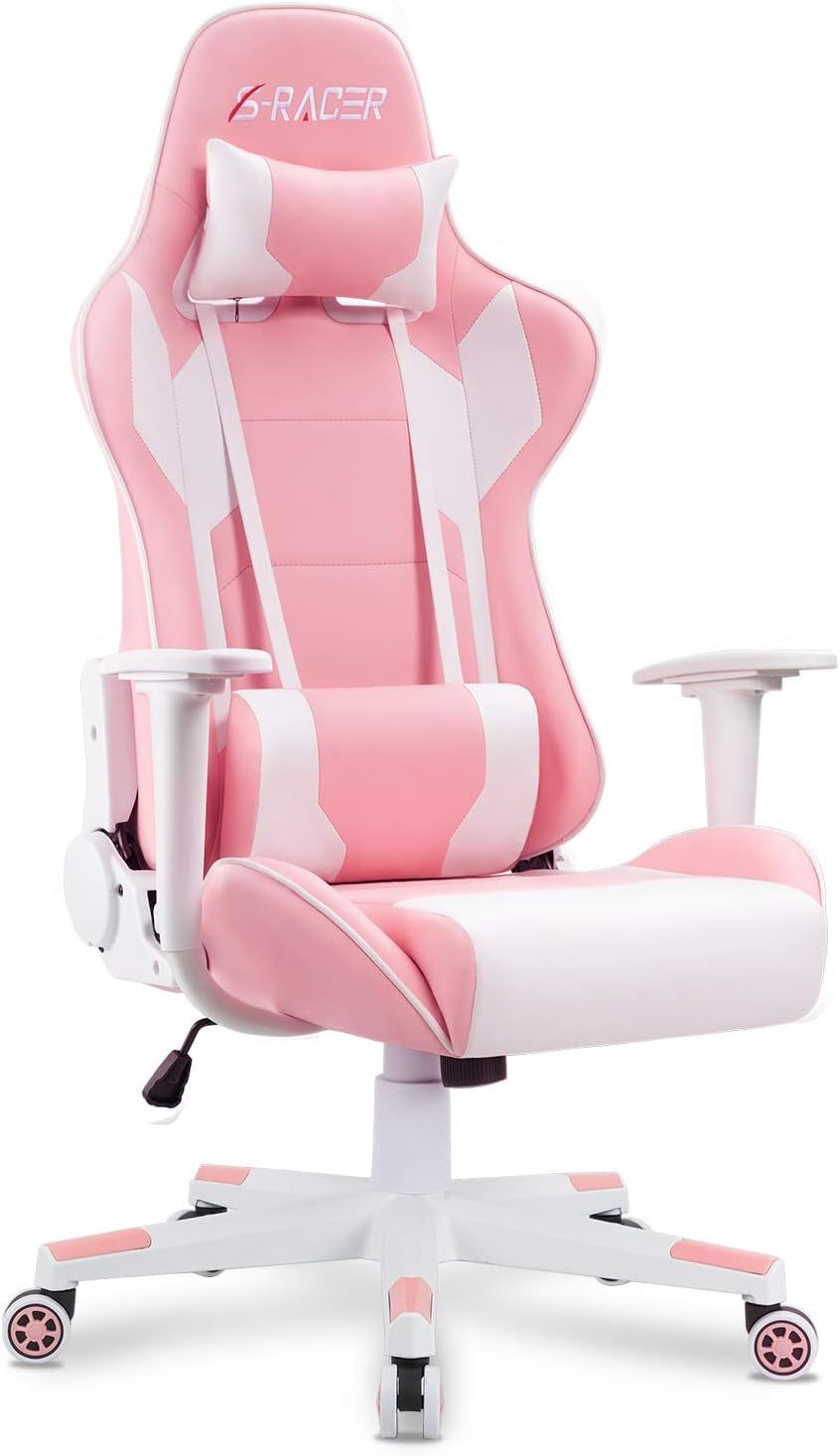 Gaming Chair, Office Chair High Back Computer Chair Leather Desk Chair Racing Executive Ergonomic Adjustable Swivel Task Chair with Headrest and Lumbar Support (Pink)