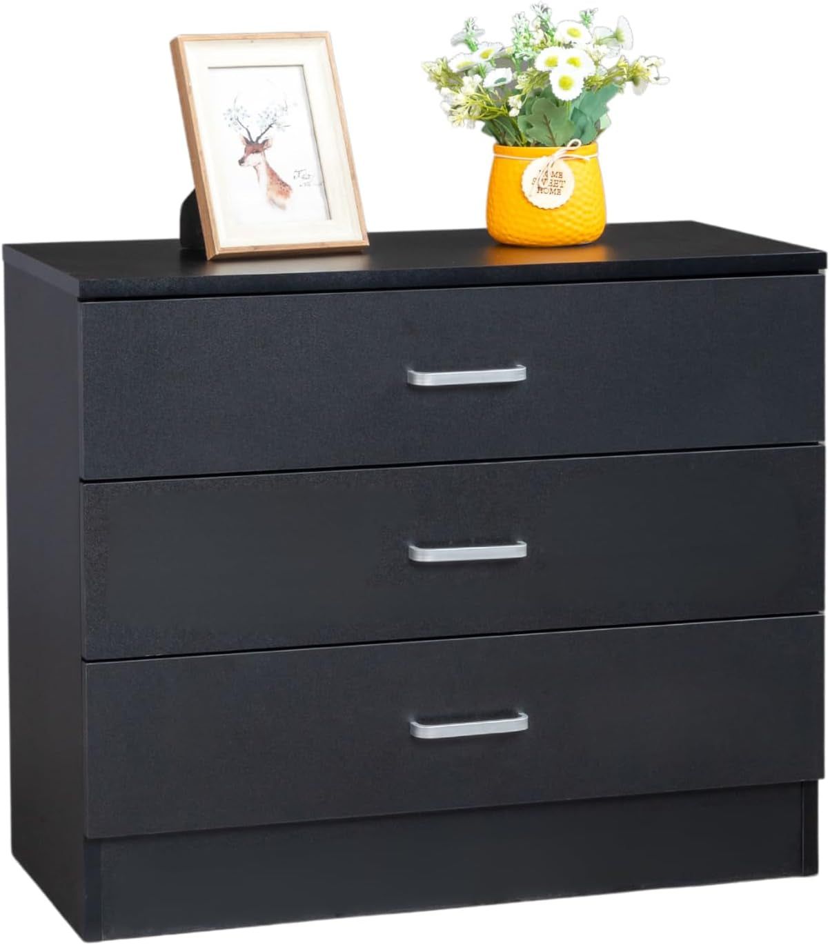 3 Drawer Dresser, Modern Storage Chest of Drawers, Wood Bedside Table Night Table for Bedroom,Living Room (Black)