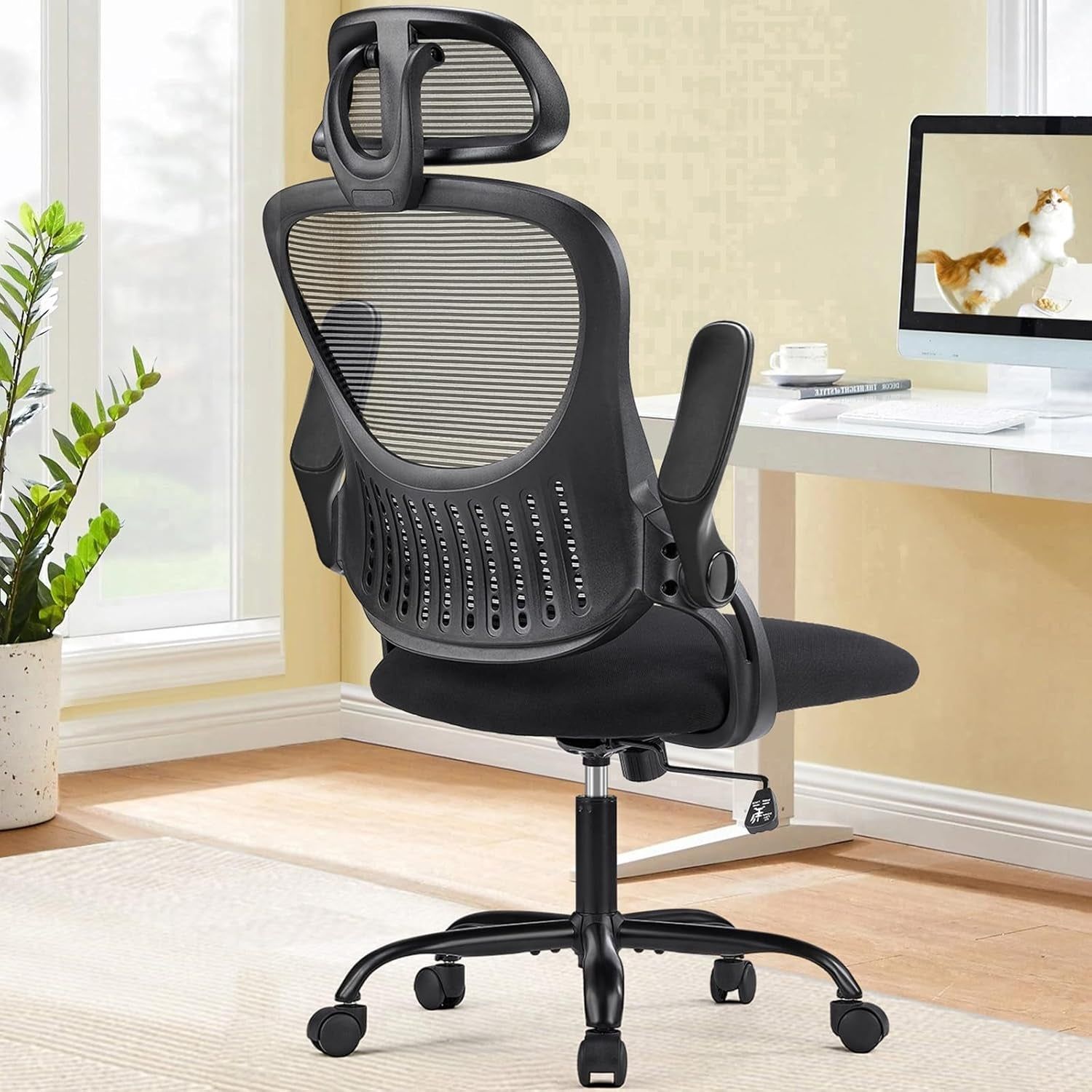 Office Computer Desk Chair, Ergonomic High-Back Mesh Rolling Work Chairs with Wheels and Adjustable Headrests, Comfortable Lumbar Support, Comfy Flip-Up Arms for Home,Bedroom,Study, Black