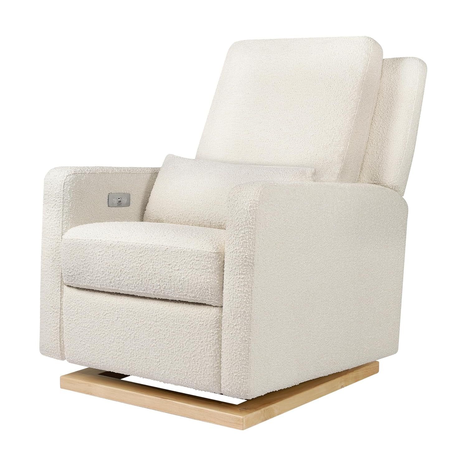 Sigi Electronic Power Recliner and Glider with USB Port in Ivory Boucle with Light Wood Base, Greenguard Gold and Certipur-Us Certified
