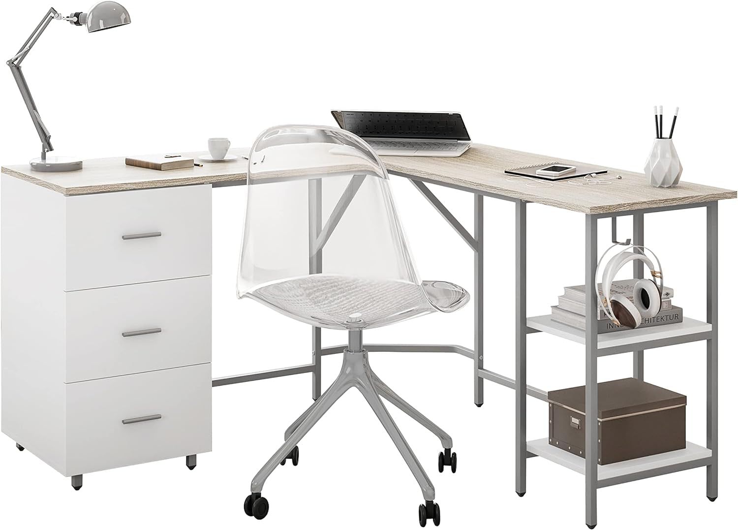 L Shaped Desk - Two-Toned Computer Desk with Drawers &amp; Storage Shelves - Simple Modern Furniture &amp; Home Office Space Corner Table for Work &amp; Writing
