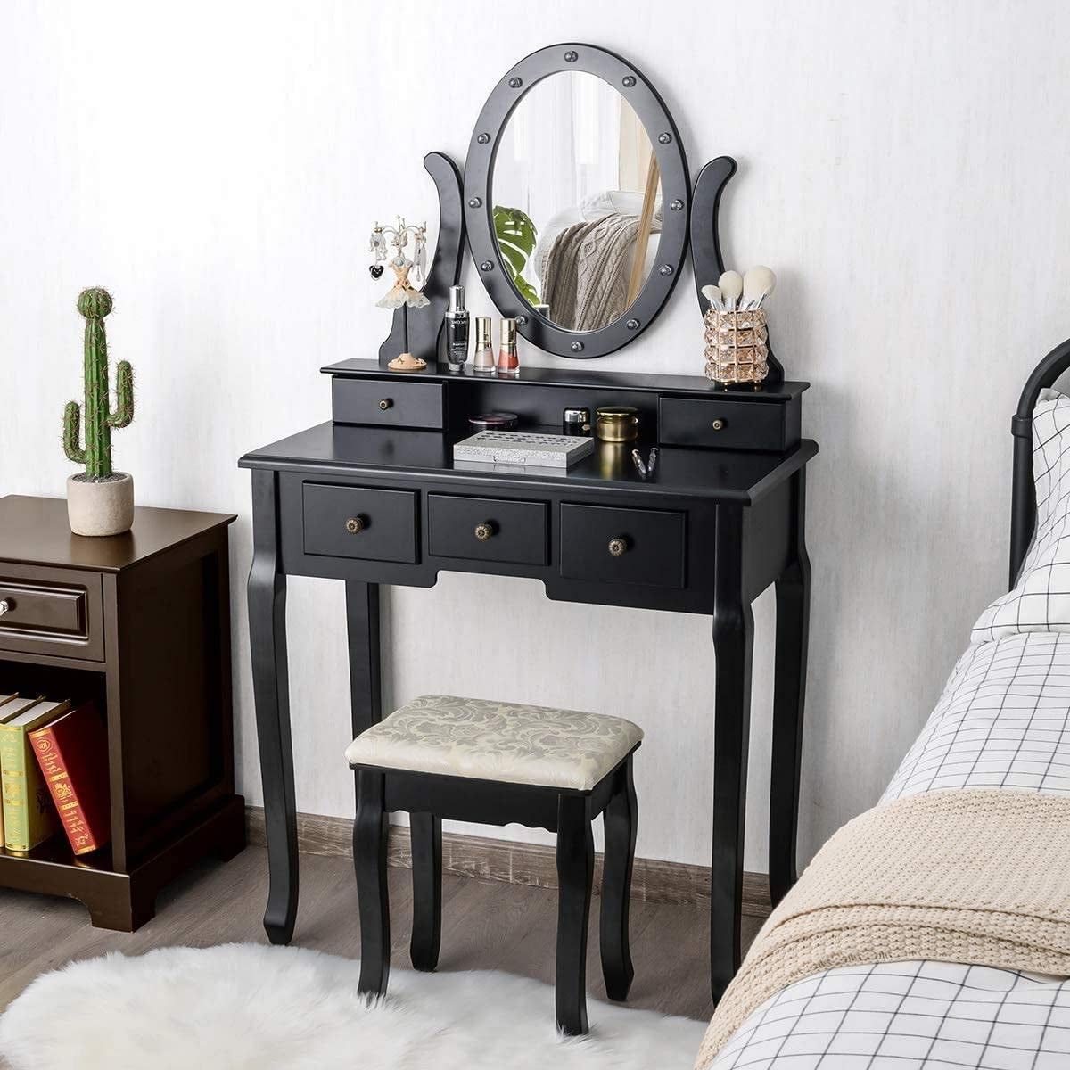 Black Vanity Dressing Table Set with Rotating Mirror