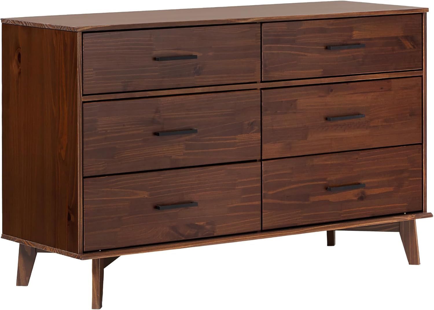 Modern Solid Pine Wood 6-Drawer Dresser with Metal Handles and Generous Storage Space, Walnut Finish