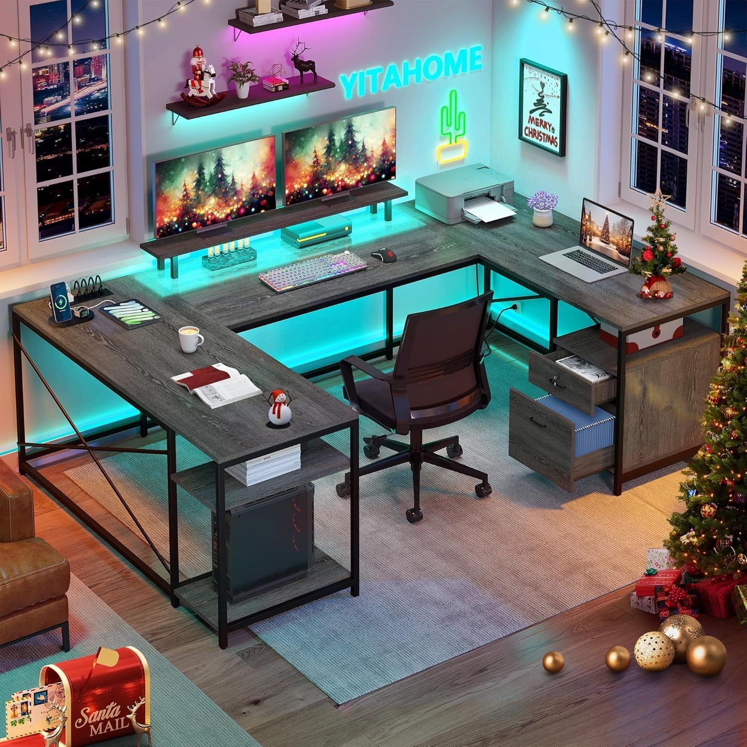U Shaped Desk with Power Outlets &amp; LED Lights, 79&quot; Reversible L Shaped Desk with Drawers, Corner Computer Desk Office Desk with Monitor Stand &amp; Storage Shelves, Grey