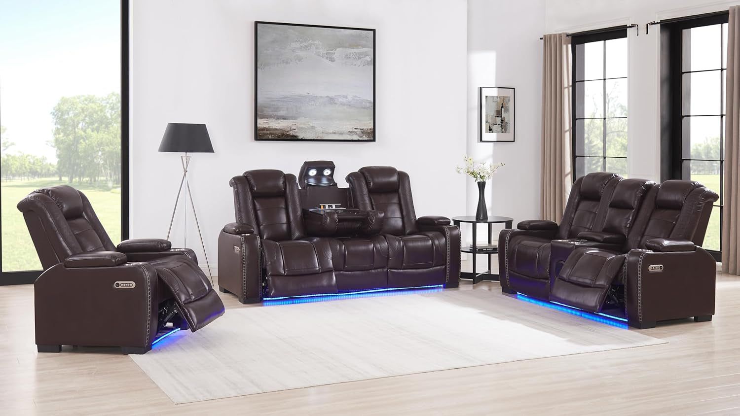 Breather Leather Power Recliner Sofa Couch Set with Adjustable Headrest and Cup Holders, Reclining Couches with Bluetooth Speaker and Wireless Charging for Living Room. Brown