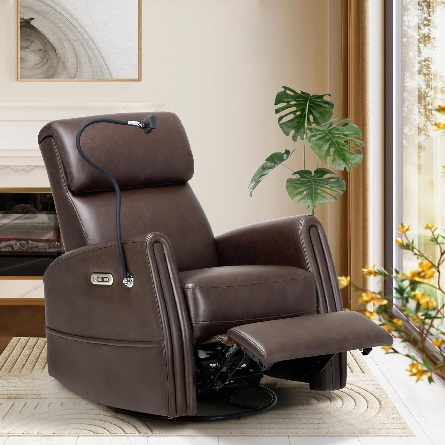 Power Recliner Chair Swivel Glider Rocker for Nursery, Upholstered Faux Leather Living Room Rocking Reclining Single Sofa Chair with 2 Device Holders, Chocolate