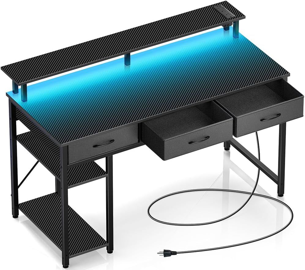 Computer Desk with Power Outlets &amp; LED Light, 47 Inch Home Office Desk with 3 Drawers and Storage Shelves, Writing Desk with Monitor Stand, Modern Work Desk for Home Office, Carbon Black