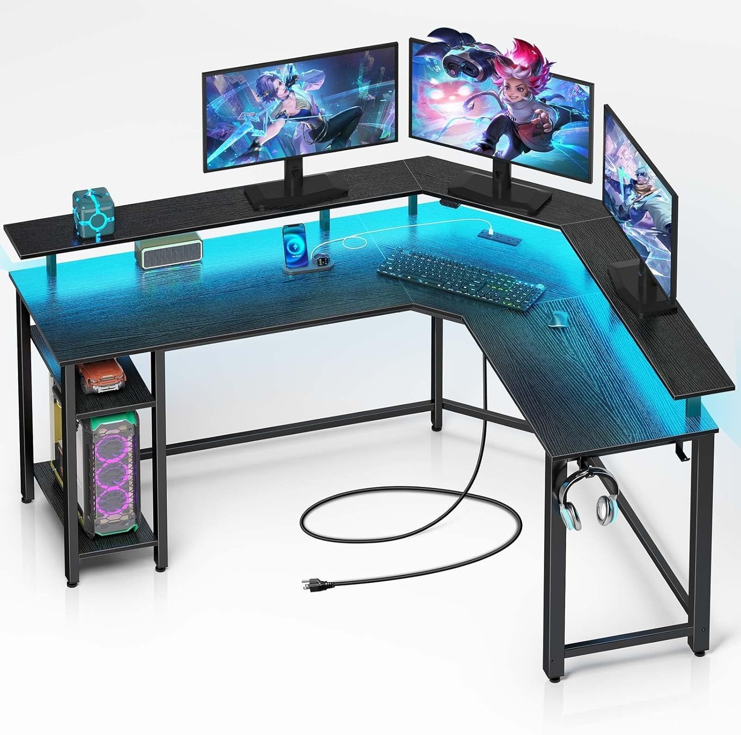L Shaped Gaming Desk with LED Lights &amp; Power Outlets, 46.2&quot; Computer Desk with Full Monitor Stand &amp; Storage Shelf, Corner Desk with Hooks, Black Desk Reversible