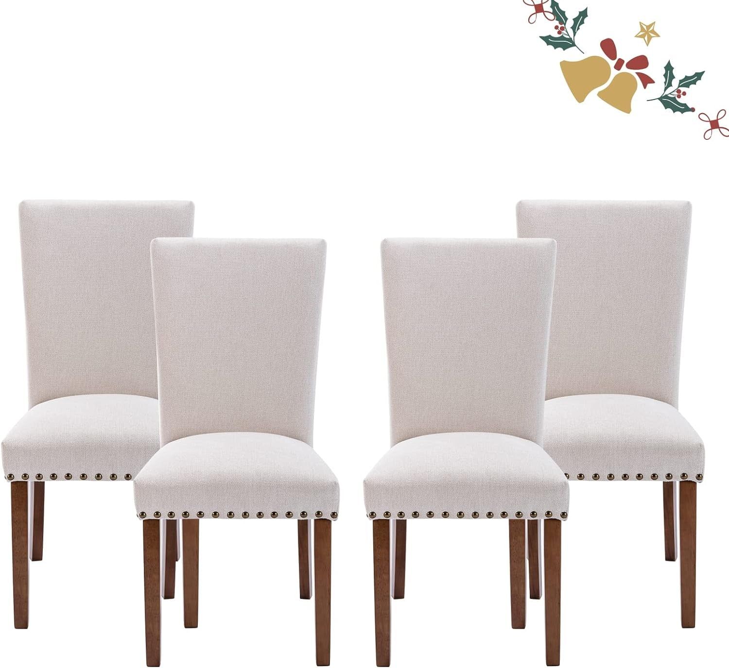 Parsons Dining Chairs Set of 4, Upholstered Nailhead Dining Room Kitchen Side Chair with Thick Cushions and Wood Legs, Beige