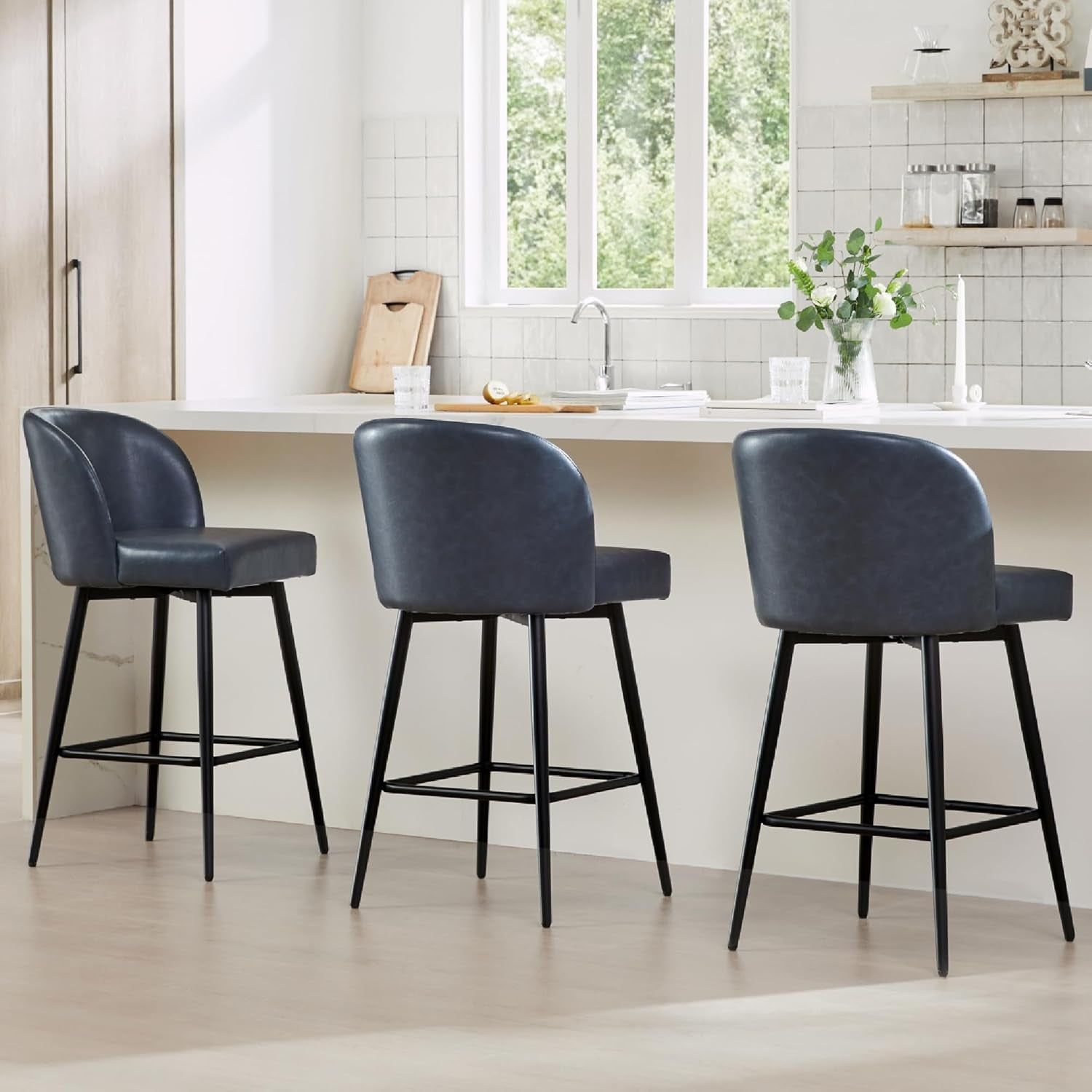 Counter Height Bar Stools Set of 3, 360° Swivel Upholstered Barstools with Backs and Metal Legs, 26&quot; H Seat Height, Faux Leather in Blue