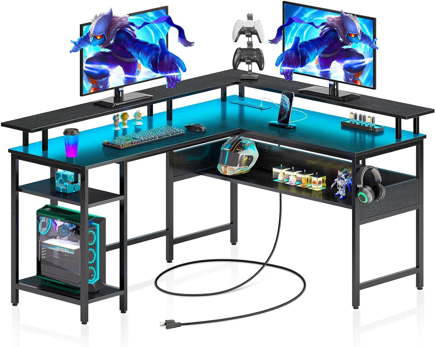 Computer Desk L Shaped 56.7&quot; with LED Lights and Power Outlets, Reversible L Shaped Gaming Desk with Monitor Stand, Home Office Desk with Storage, Desk with USB Port and Hook, Black