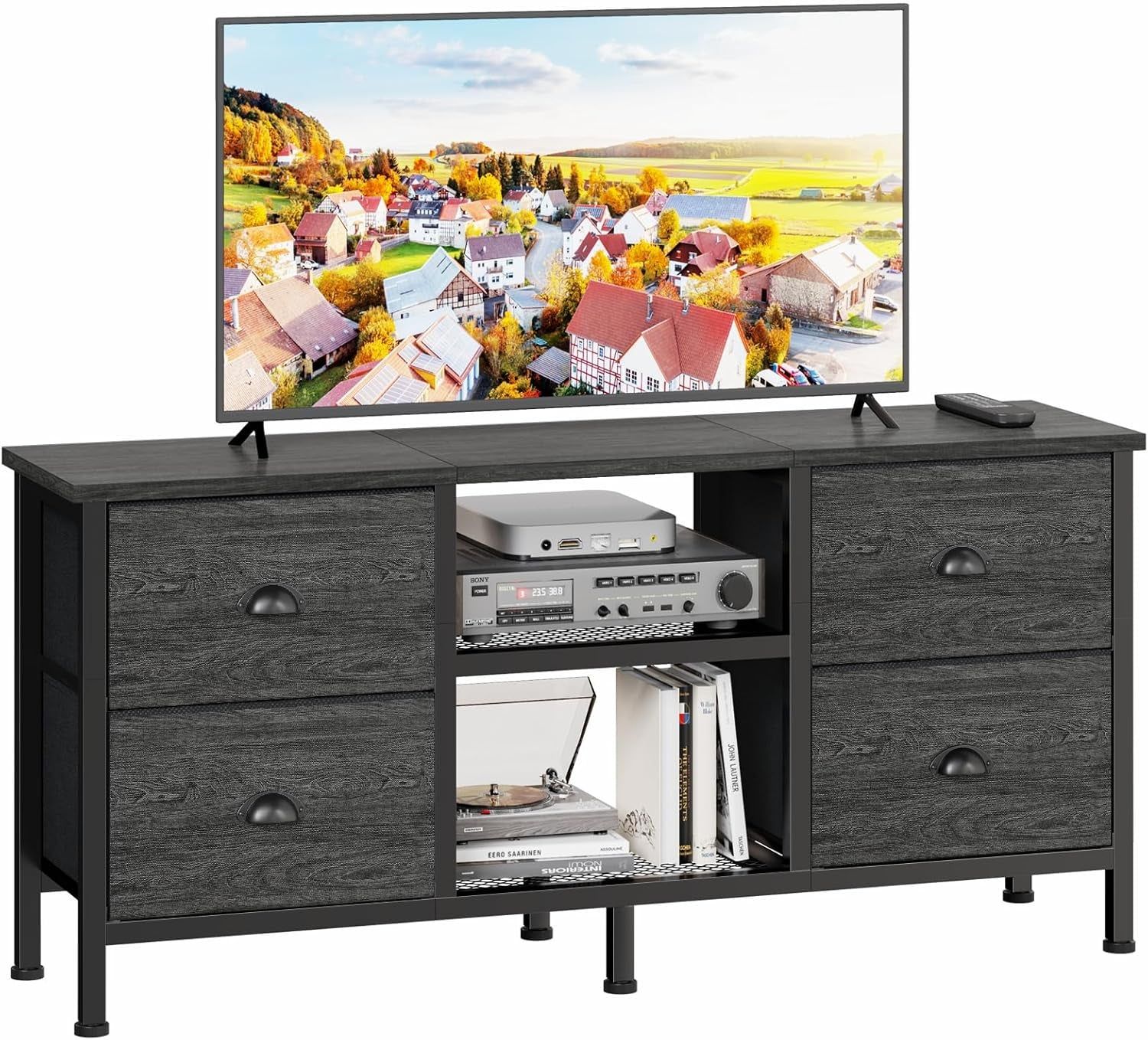 TV Stand with 4 Drawers, Small Entertainment Center with Open Shelf, Dresser TV Console Table for 50&quot; TV, Media Center for Bedroom, Living Room/Black Oak