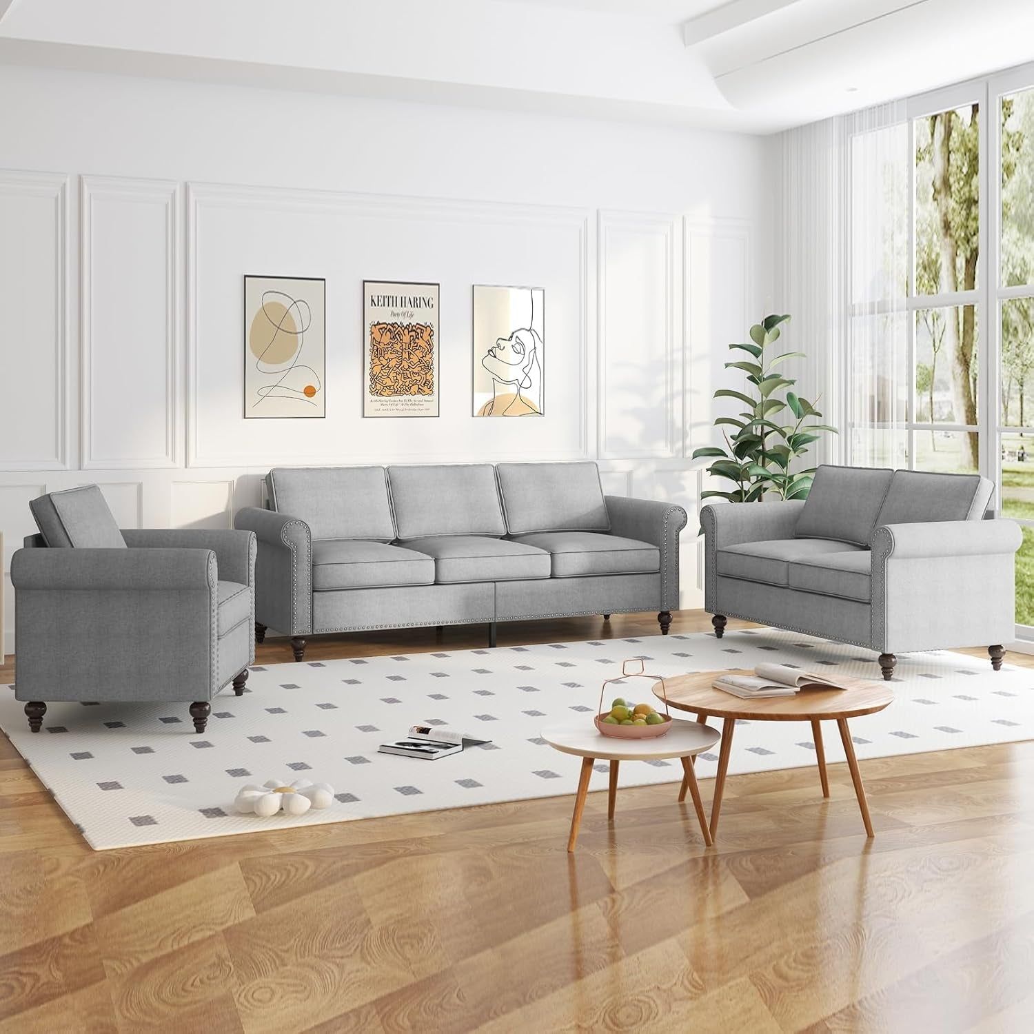 Living Room Couch Set, Small Sectional Sofa Couch, Includ Loveseat Armchair and 3 Seat Sofa, Mid-Century Riveted Accent Couches for Living Room, Wood Small Space Furniture Sets - Light Grey