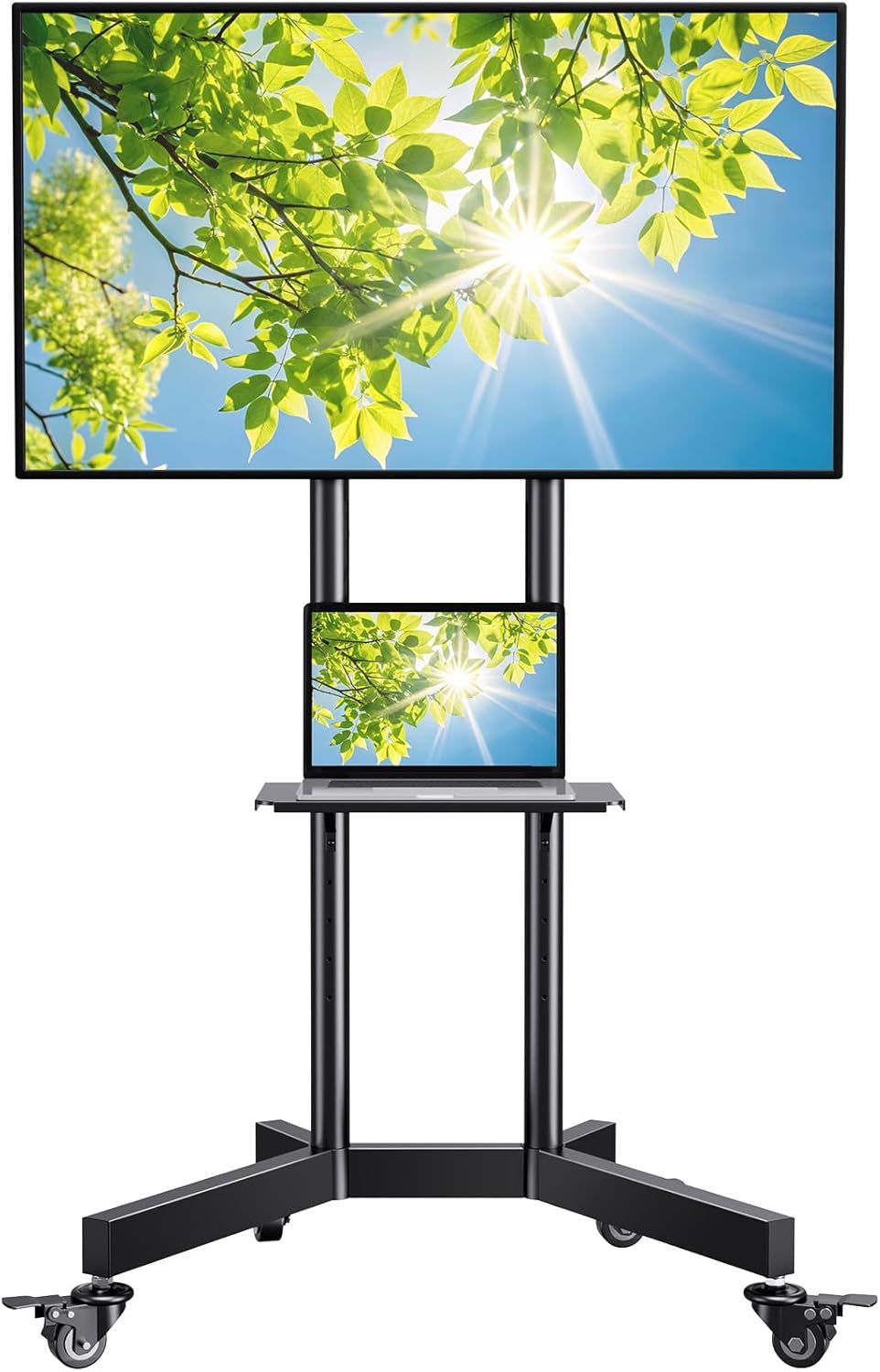 Rolling TV Stand for 32-85 Inch Tvs Holds up to 132 Lbs, Height Adjustable Mobile TV Cart with Wheels, Mobile TV Stand with Tray, Portable TV Stand for 4K Tvs Max VESA 600X400Mm PSTVMC01