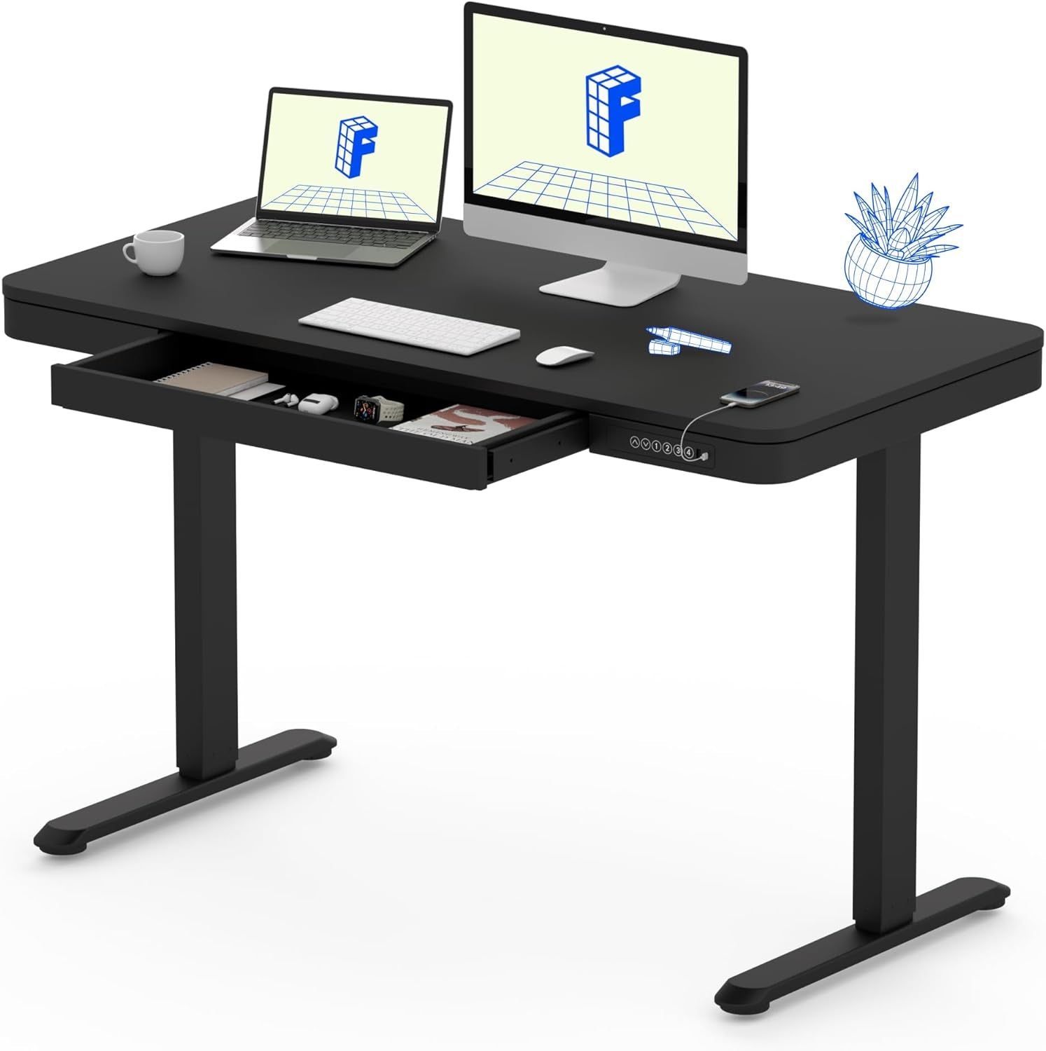 Comhar Electric Standing Desk with Drawer Desktop &amp; Adjustable Frame Quick Install W/Usb Charge Ports (Black, Wood)
