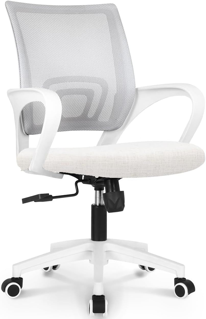 Office Chair Computer Desk Chair Gaming Ergonomic Mid Back Cushion Lumbar Support with Comfy Mesh Adjustable Swivel Rolling Home (Ivory)