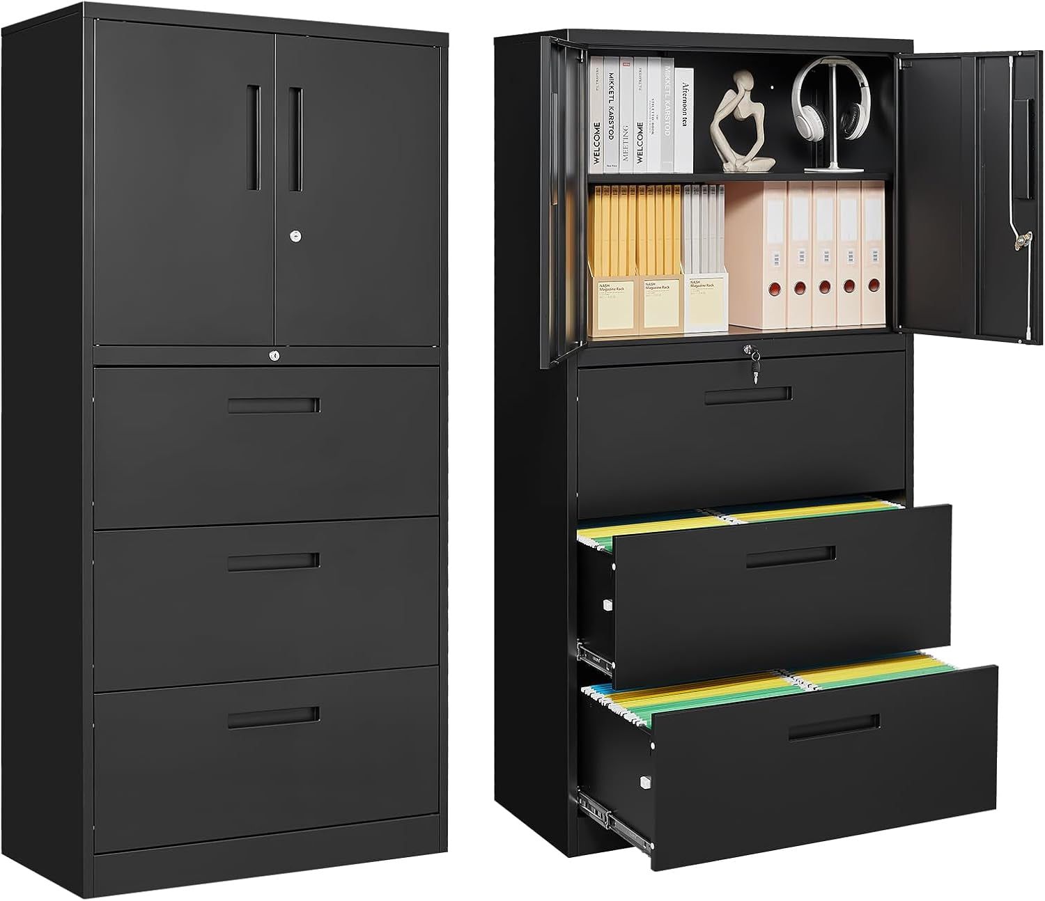 3-Drawer Metal File Cabinet, Lateral Vertical Filing Cabinets for Home Office, Locking File Cabinet with Storage Shelves, Legal/Letter/A4 Size Office File Cabinet,(Black, Assemble Required)