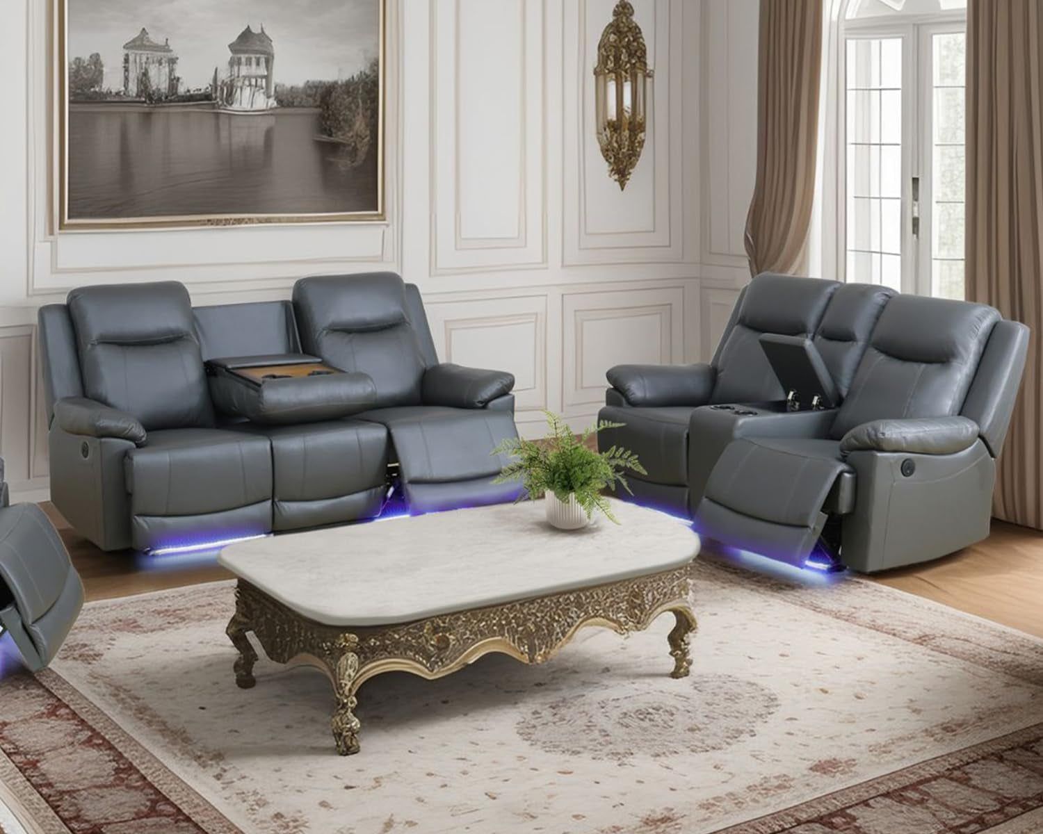 Power Recliner Sofa Set with LED Lights,Leather Living Room Furniture Set with USB Port/Storage Console/Cup Holders,Reclining Sofa Set for House/Home Theater(Sofa&amp;Loveseat 2 Pieces)