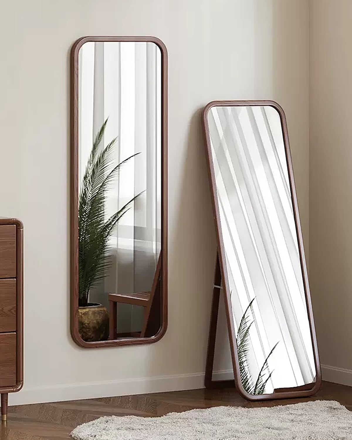 63&quot;X18&quot; Full Length Mirror, Rounded Corner, Freestanding/Wall Mounted, Beech Frame - Dark Brown