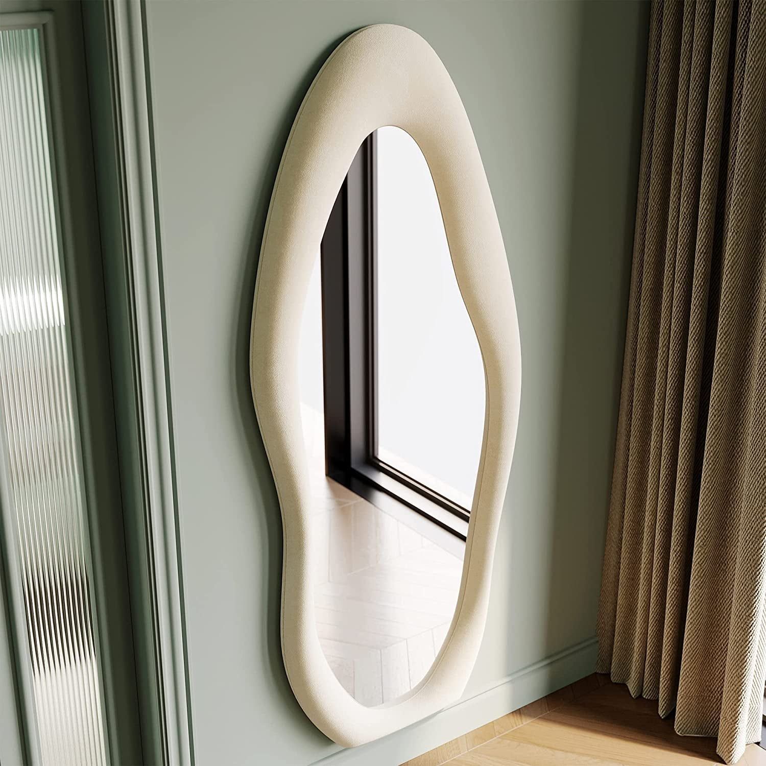 Full Length Mirror, 63 X 24 Wall Mirror, Flannel Wrapped Wooden Frame Full Body Mirror, Irregular Wavy Mirror Hanging or Leaning against Wall for Cloakroom/Bedroom/Living Room, White