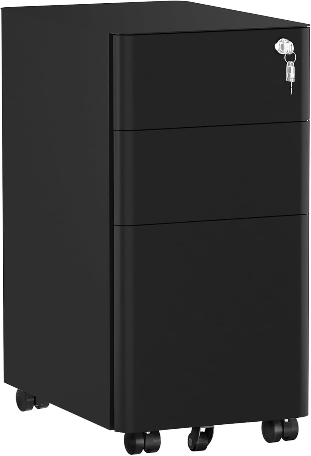 3-Drawer Vertical File Cabinet, Mobile Filing Cabinet with Lockable, Pre-Assembled Compact Slim File Cabinet, Portable Office Storage for A4/Letter/Legal Documents (Black)
