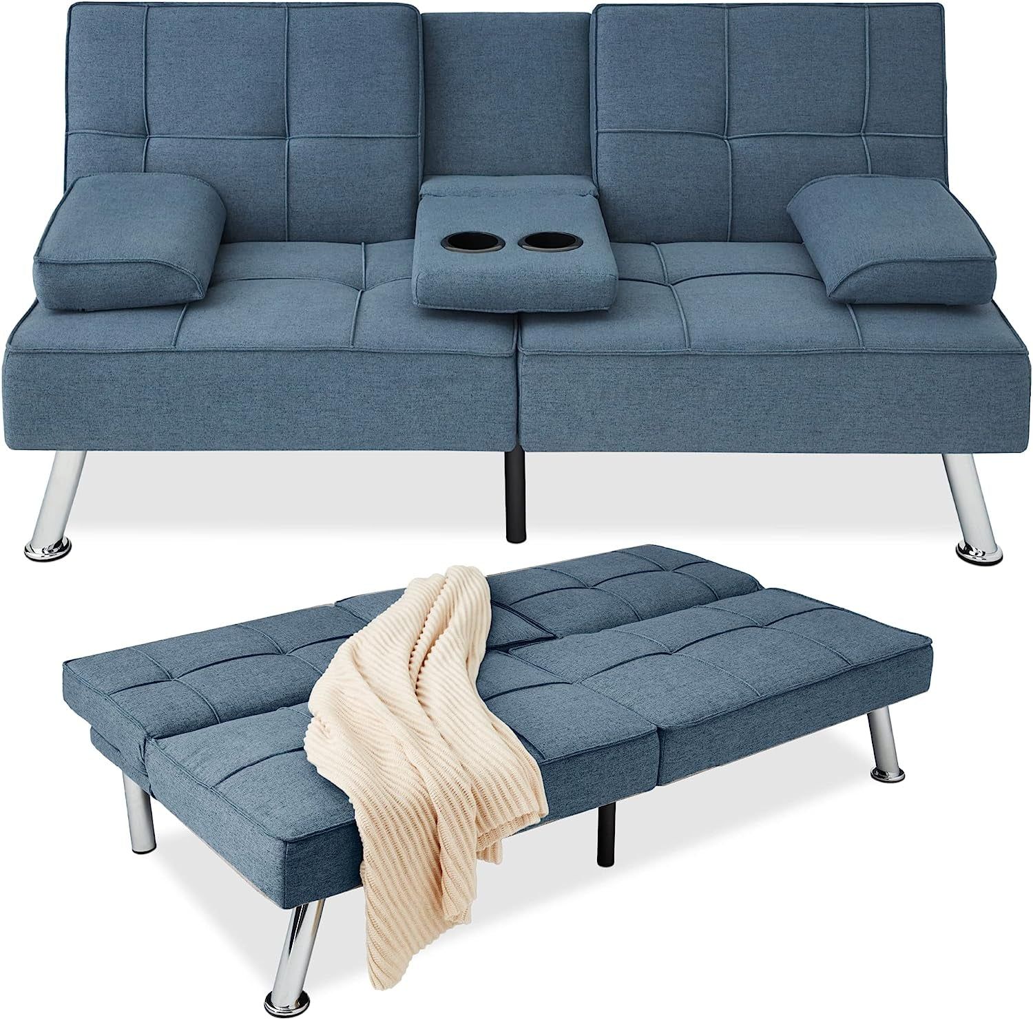 Linen Modern Folding Futon, Reclining Sofa Bed for Apartment, Dorm W/Removable Armrests, 2 Cupholders - Blue