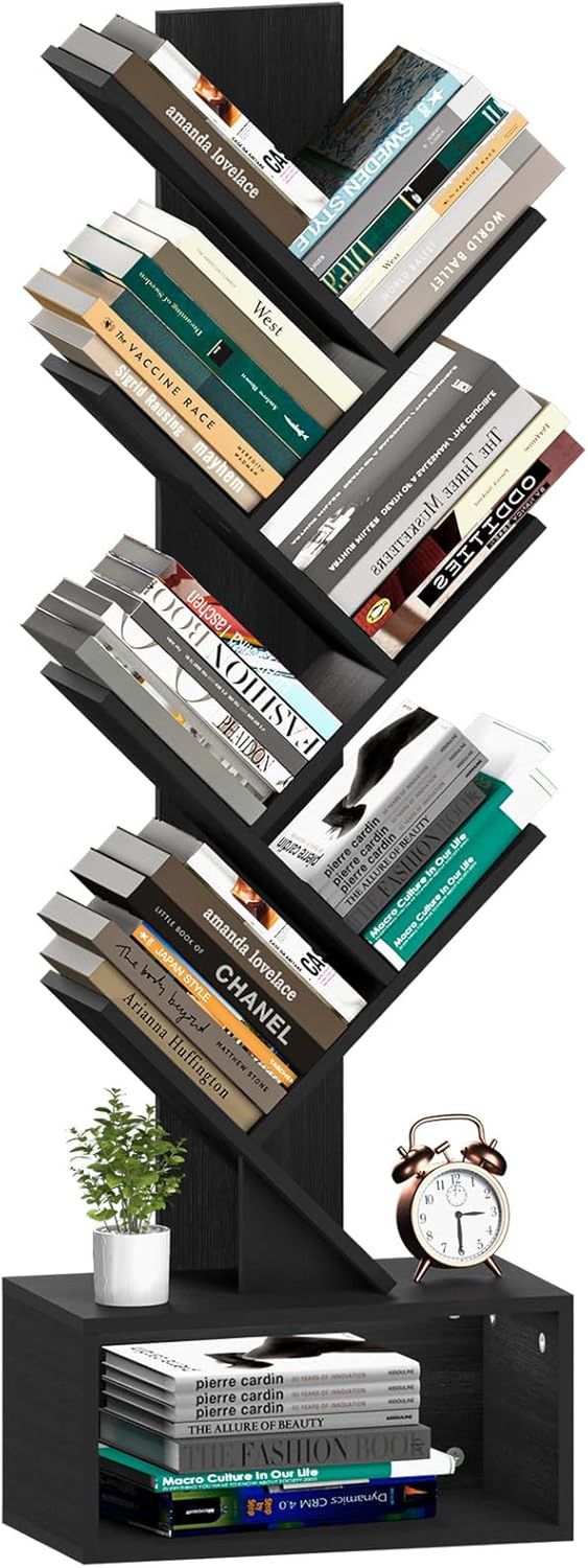 Tree Bookshelf - 6 Shelf Retro Floor Standing Bookcase, Tall Wood Book Storage Rack for Cds/Movies/Books, Utility Book Organizer Shelves for Bedroom, Living Room, Home Office, Black