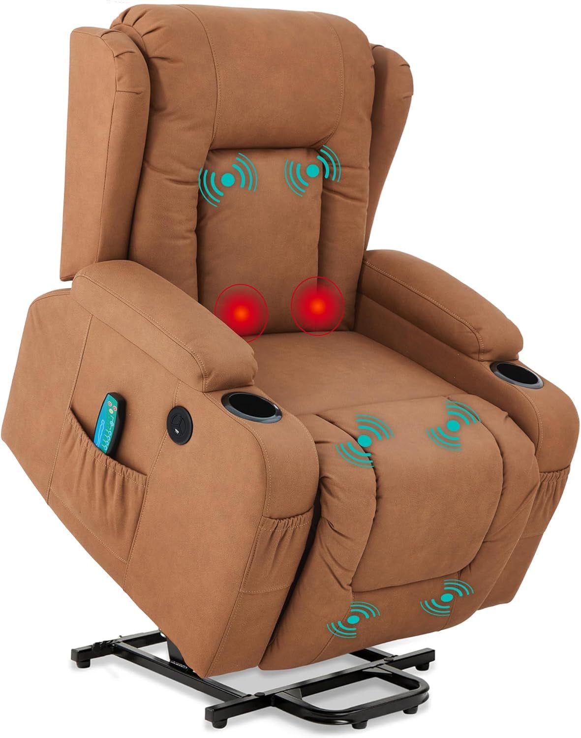 PU Leather Electric Power Lift Chair, Recliner Massage Chair, Adjustable Furniture for Back, Legs W/ 3 Positions, USB Port, Heat, Cupholders, Easy-To-Reach Side Button - Cognac