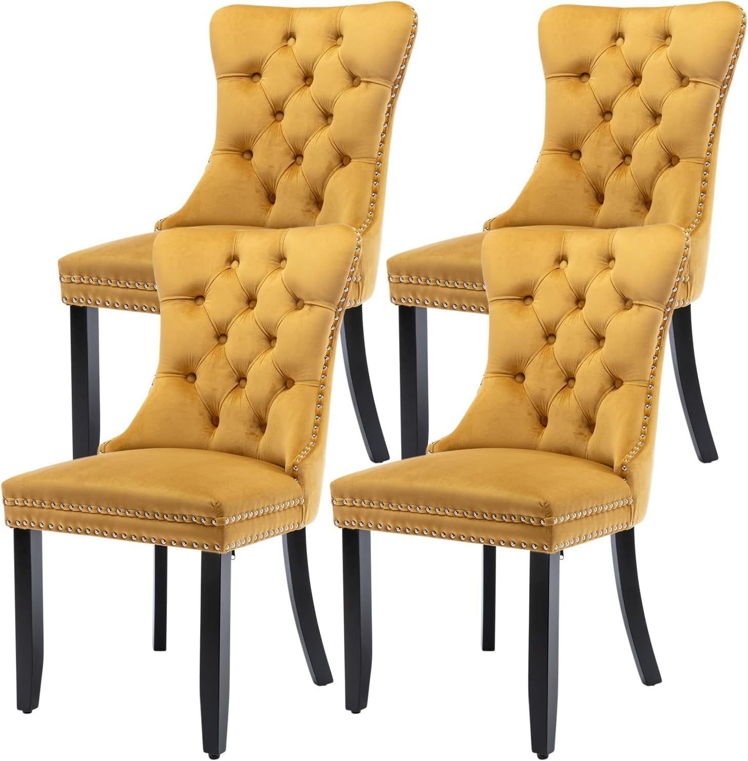 Velvet Dining Chairs Set of 4, Tufted Upholstered Dining Chairs with Nailhead Back and Ring Pull Trim, Solid Wood Dining Chairs for Kitchen/Bedroom/Dining Room (Gold)