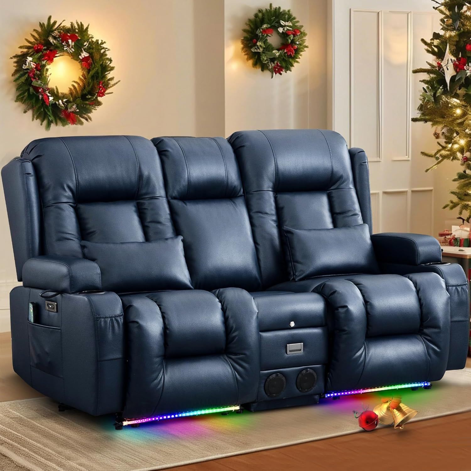 Power Loveseat Recliner Sofa with Massage &amp; Heat Home Theater Seating with Console Electric Recliner RV Sofa with Usb/Outlet/Storage/Side Pocket/Led Light/Speaker (Blue, Loveseat)