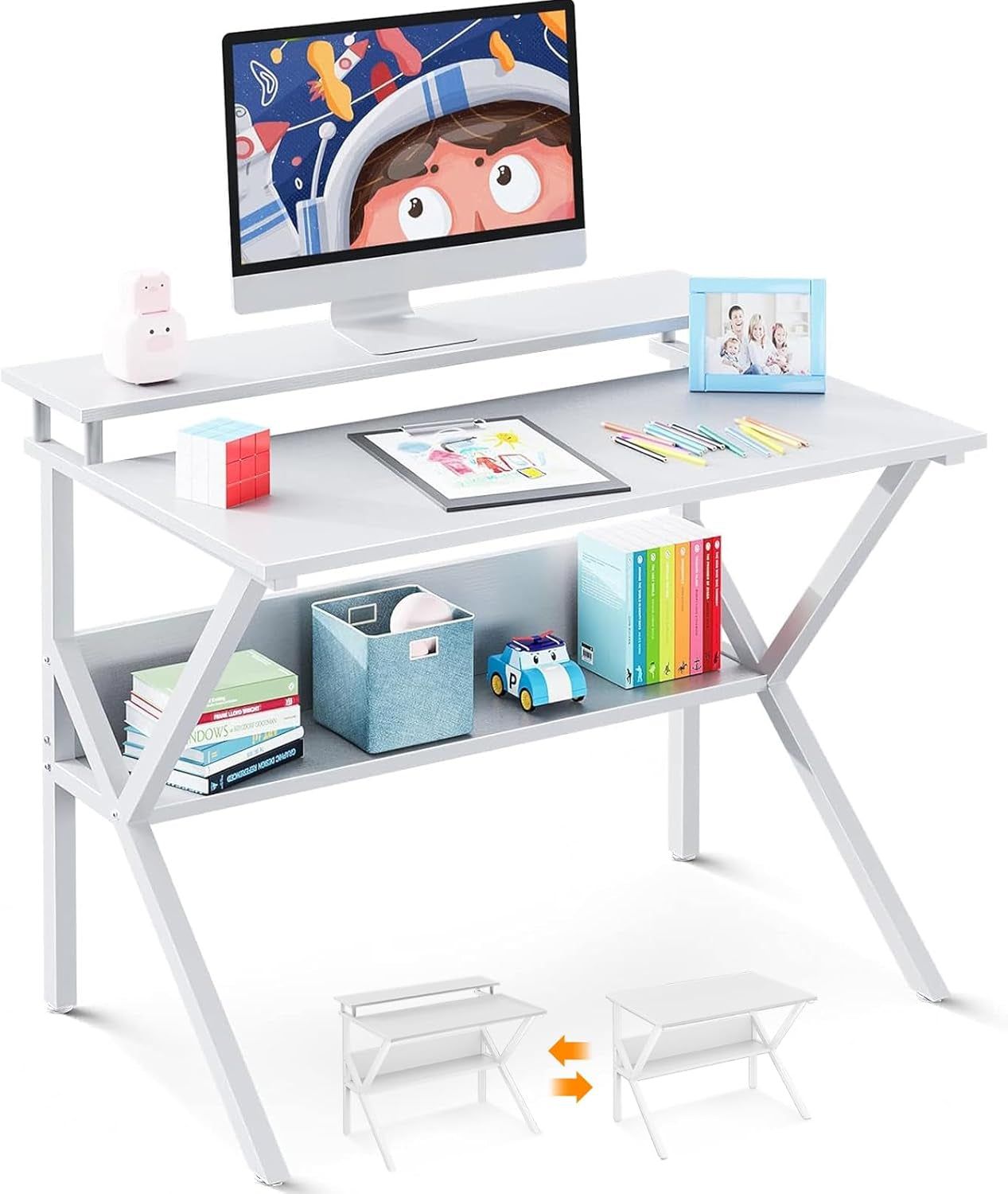 Small Computer Desk, 27.5 Inch Desk for Small Spaces with Storage, Compact Table with Monitor &amp; Storage Shelves for Home Office, Modern Style Laptop Desk, Pure White