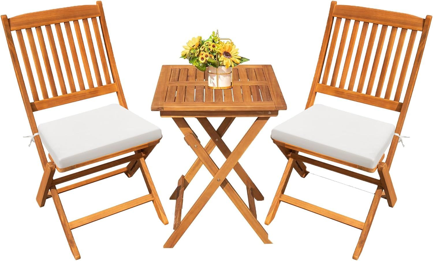 Outdoor 3 Piece Folding Patio Bistro Set Acacia Wood Bistro Table and Chairs Set of 2 for Garden Poolside Backyard Balcony Porch Deck