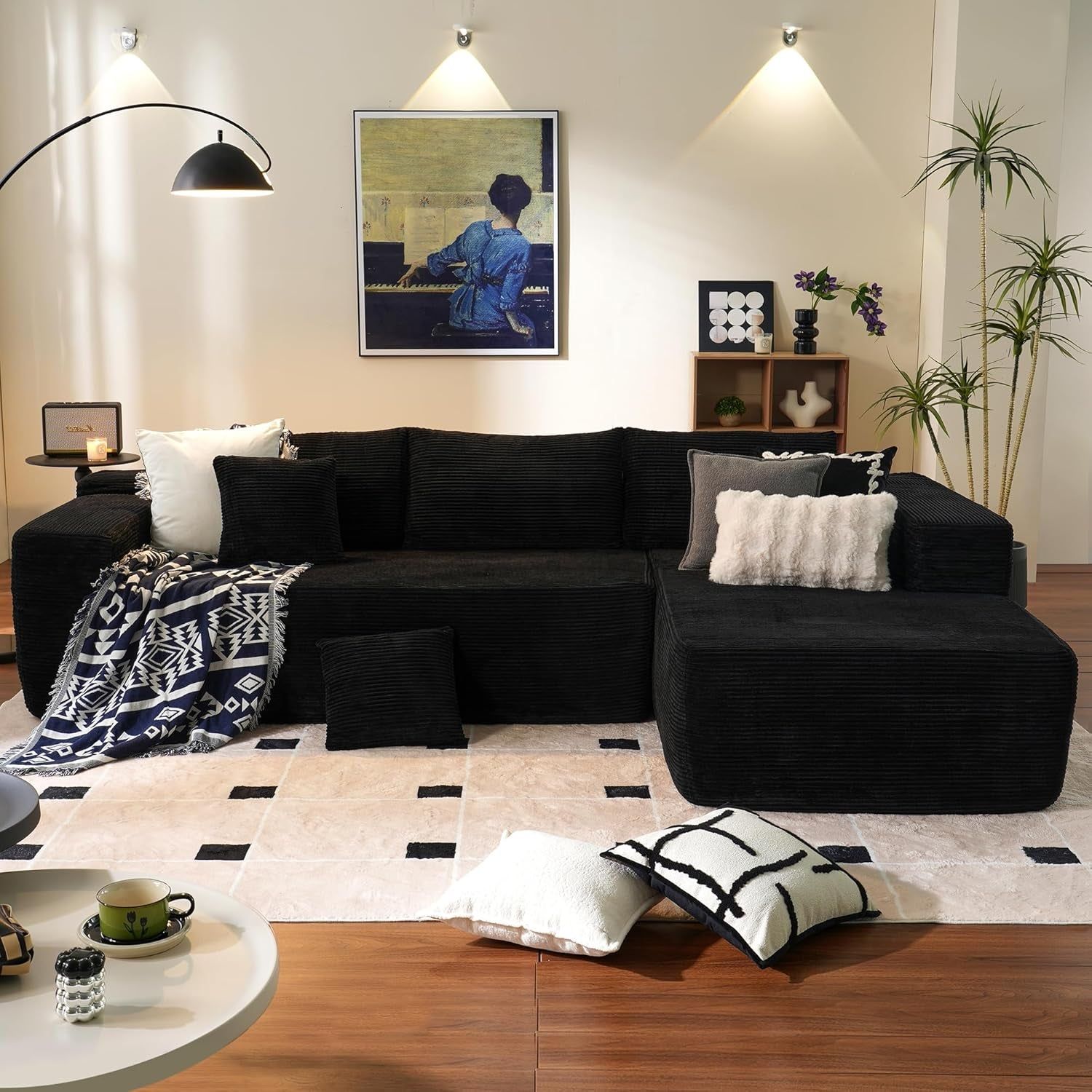 104&quot; Cloud Sectionl Couch with L-Shpe Chise,Modern Modulr Sof with Deep Set, Upholstered Couches for Living Room Bedroom,No ssembly Required, Blck (Corduroy Fbric)