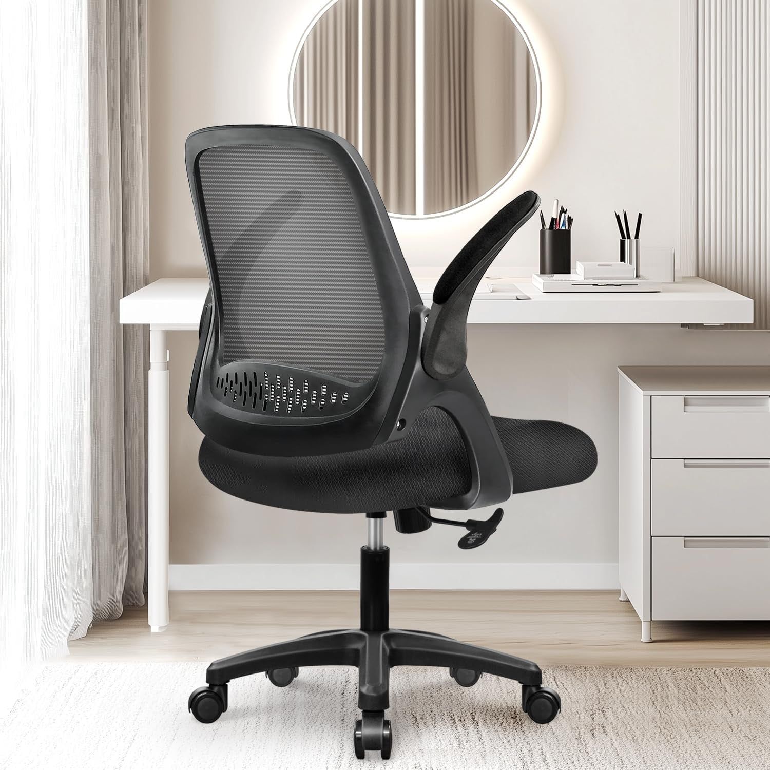 Office Desk Computer Gaming Chair with Executive Ergonomic Lumbar Back Support Flip-Up Padded Armrest Adjustable Height and Wheels for Home or Office (Black)