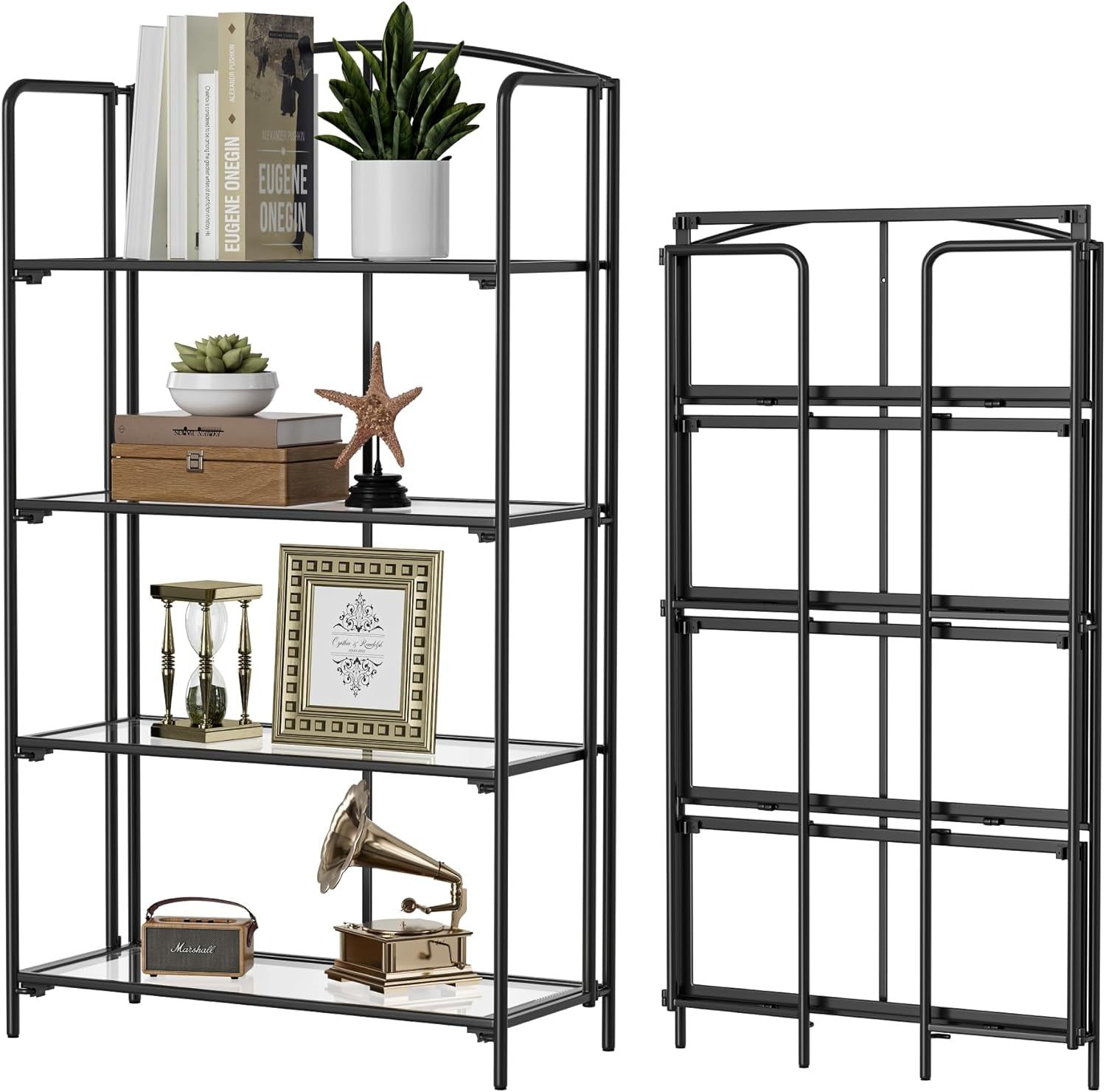 No Assembly Folding Bookshelf for Living Room, 4 Tier Black Collapsible Book Shelf for Home Office, Portable Bookcase Storage Organizer
