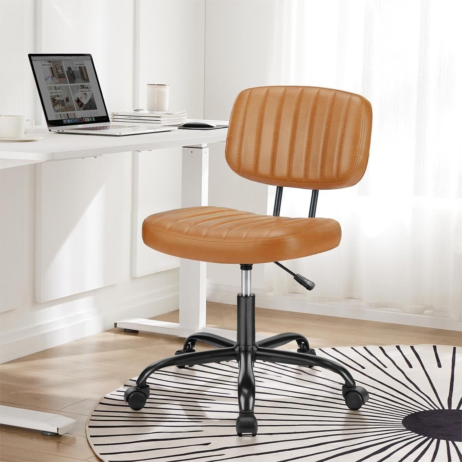 Armless Home Office Chair -Small Ergonomic Desk Chair with Low Back Lumbar Support, Height Adjustable PU Leather Computer Task Chair with 360° Swivel Rolling Wheels, for Small Space